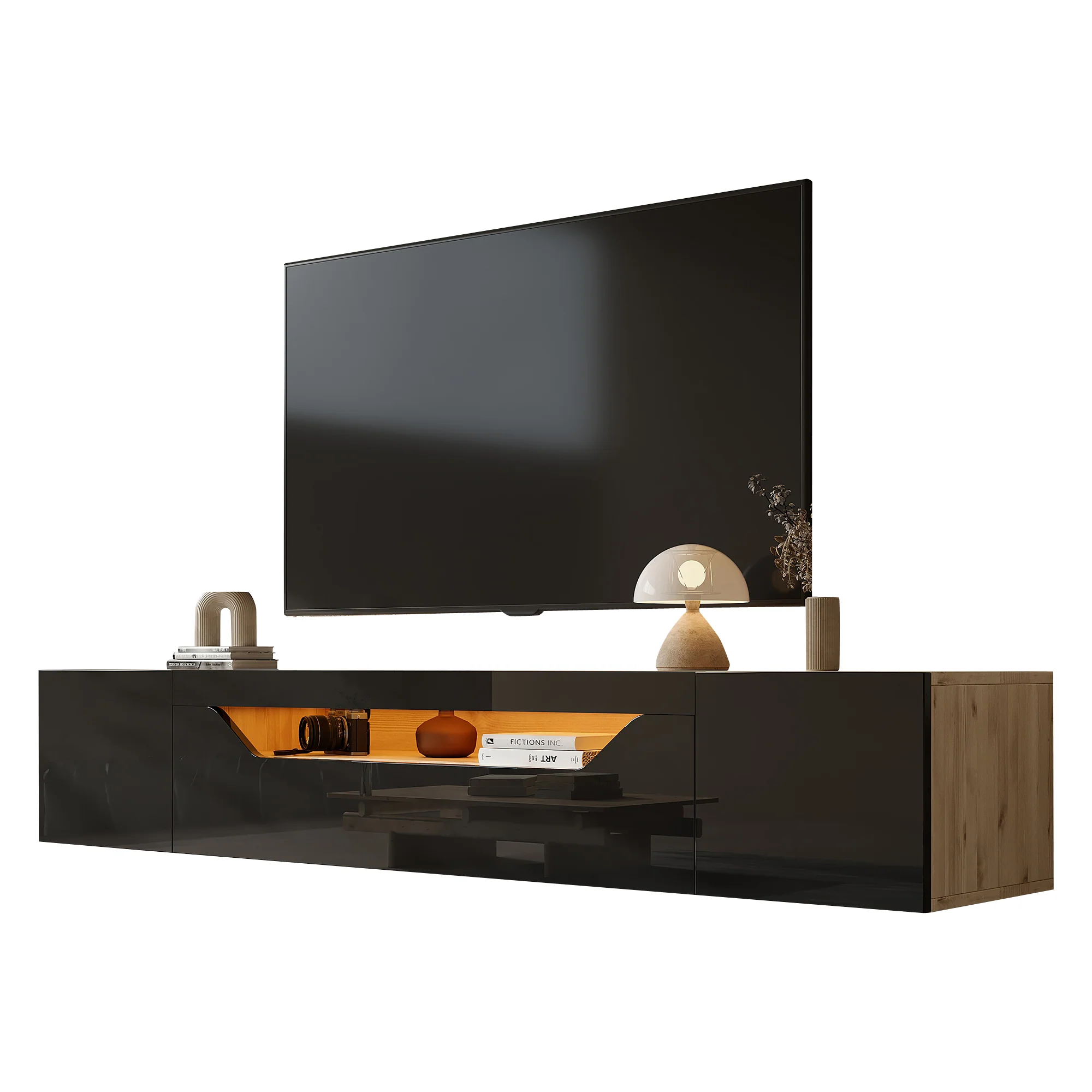 TV cabinet, 3 storage compartments, lowboard, floating wall board, LED light, wall-mountable, suitable for 75-inch TVs, black and wood color - Image 11
