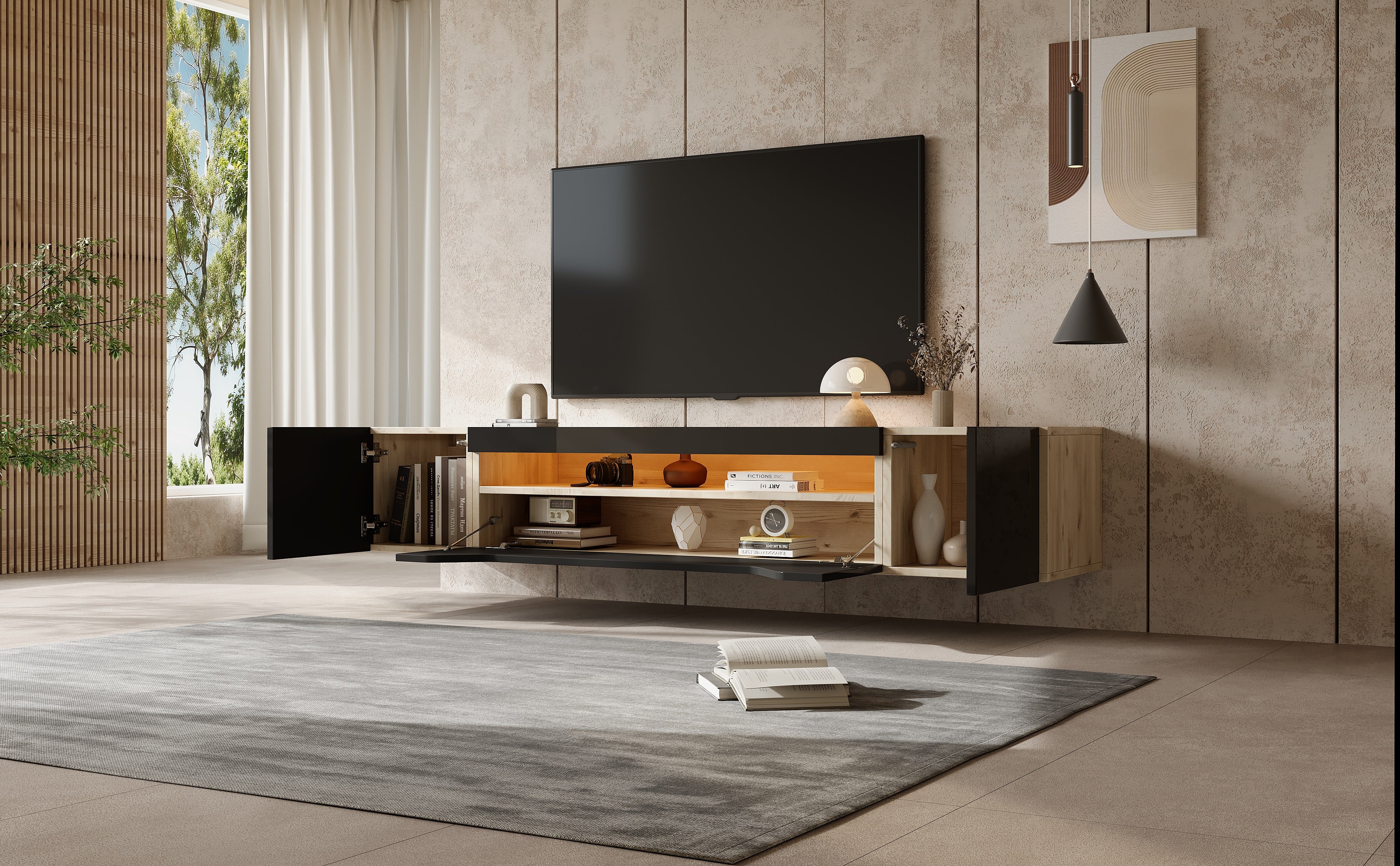 TV cabinet, 3 storage compartments, lowboard, floating wall board, LED light, wall-mountable, suitable for 75-inch TVs, black and wood color - Image 12