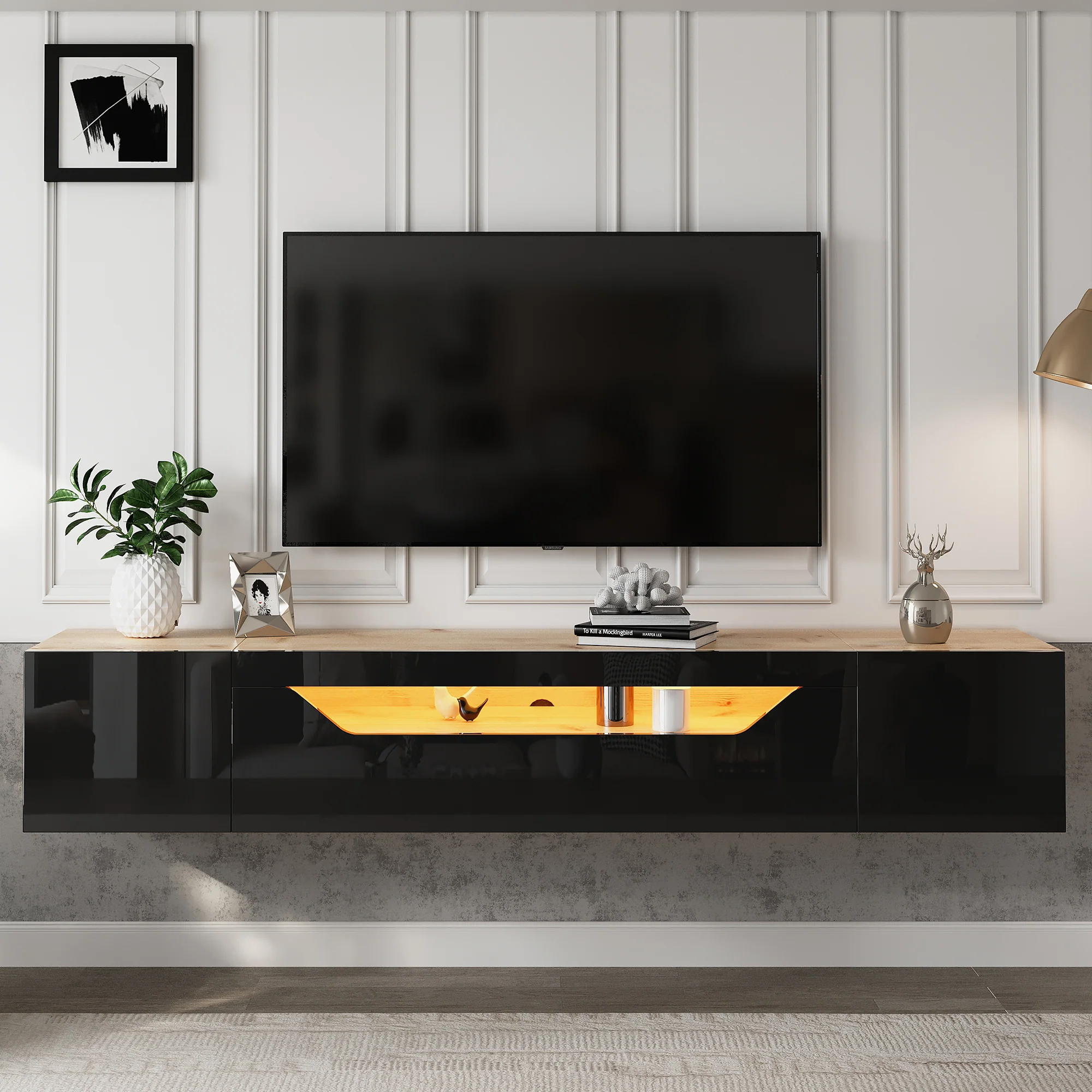 TV cabinet, 3 storage compartments, lowboard, floating wall board, LED light, wall-mountable, suitable for 75-inch TVs, black and wood color - Image 2