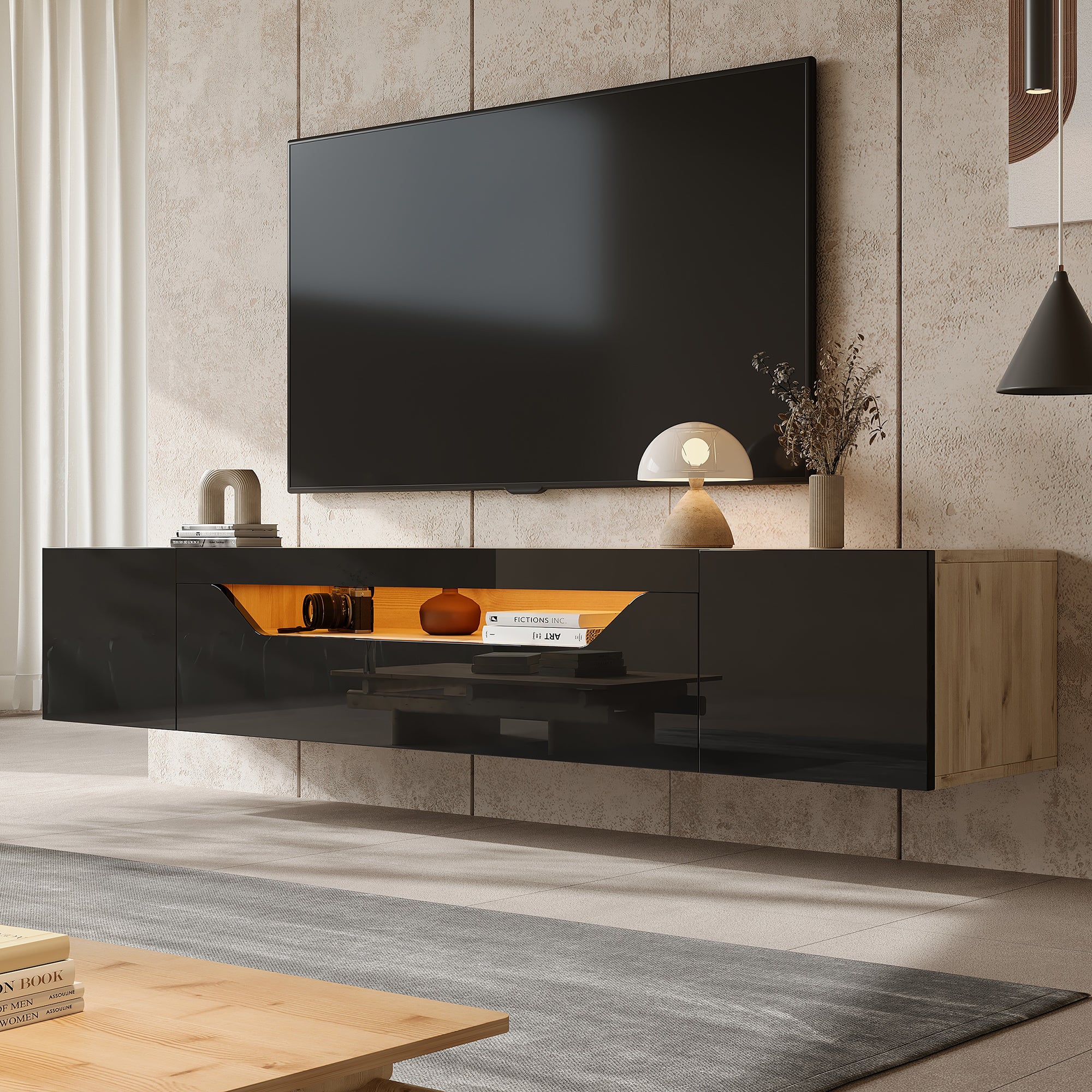 TV cabinet, 3 storage compartments, lowboard, floating wall board, LED light, wall-mountable, suitable for 75-inch TVs, black and wood color - Image 5