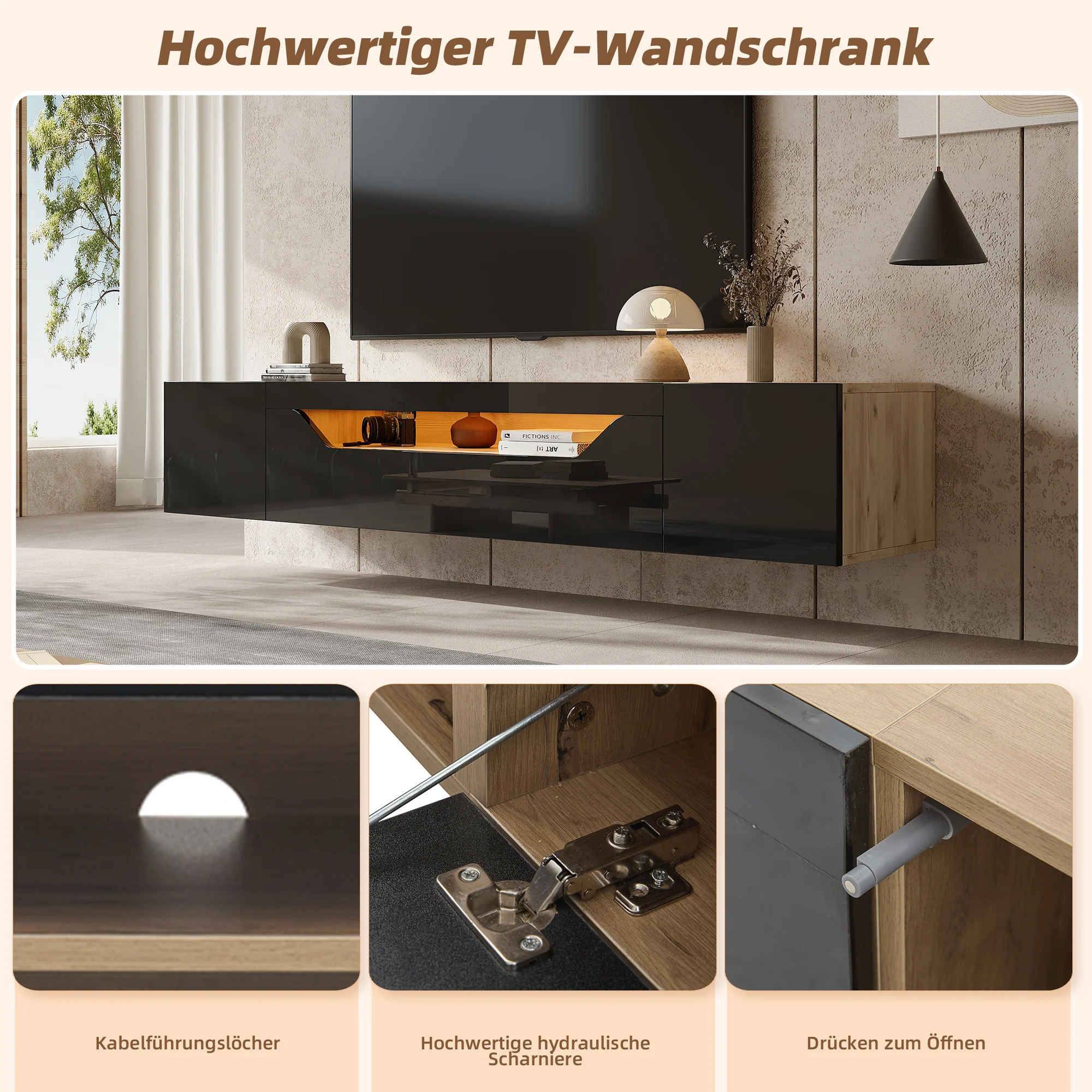 TV cabinet, 3 storage compartments, lowboard, floating wall board, LED light, wall-mountable, suitable for 75-inch TVs, black and wood color - Image 7