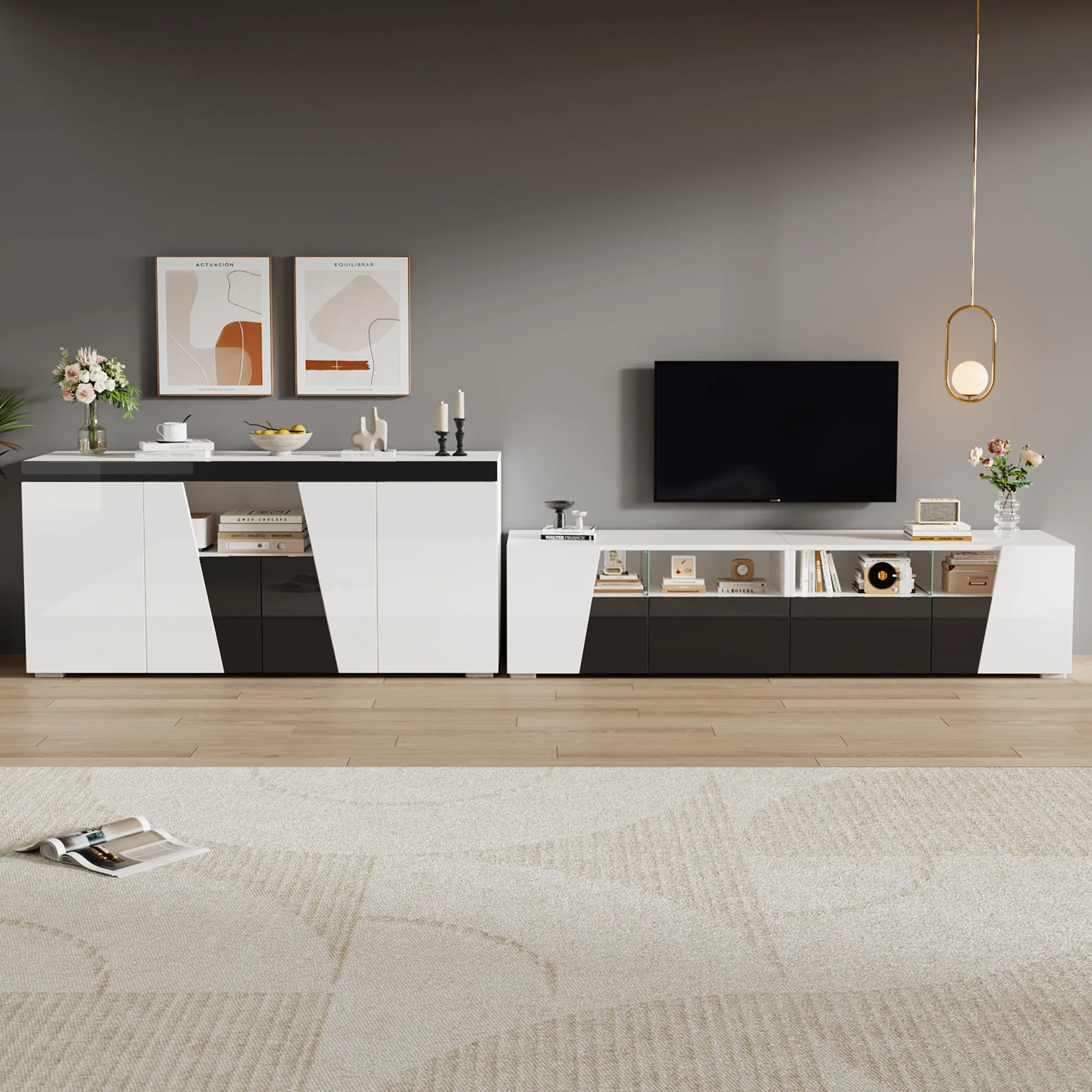 TV Cabinet and Sideboard Set High-Gloss LED Lowboard - Black and White - Image 2
