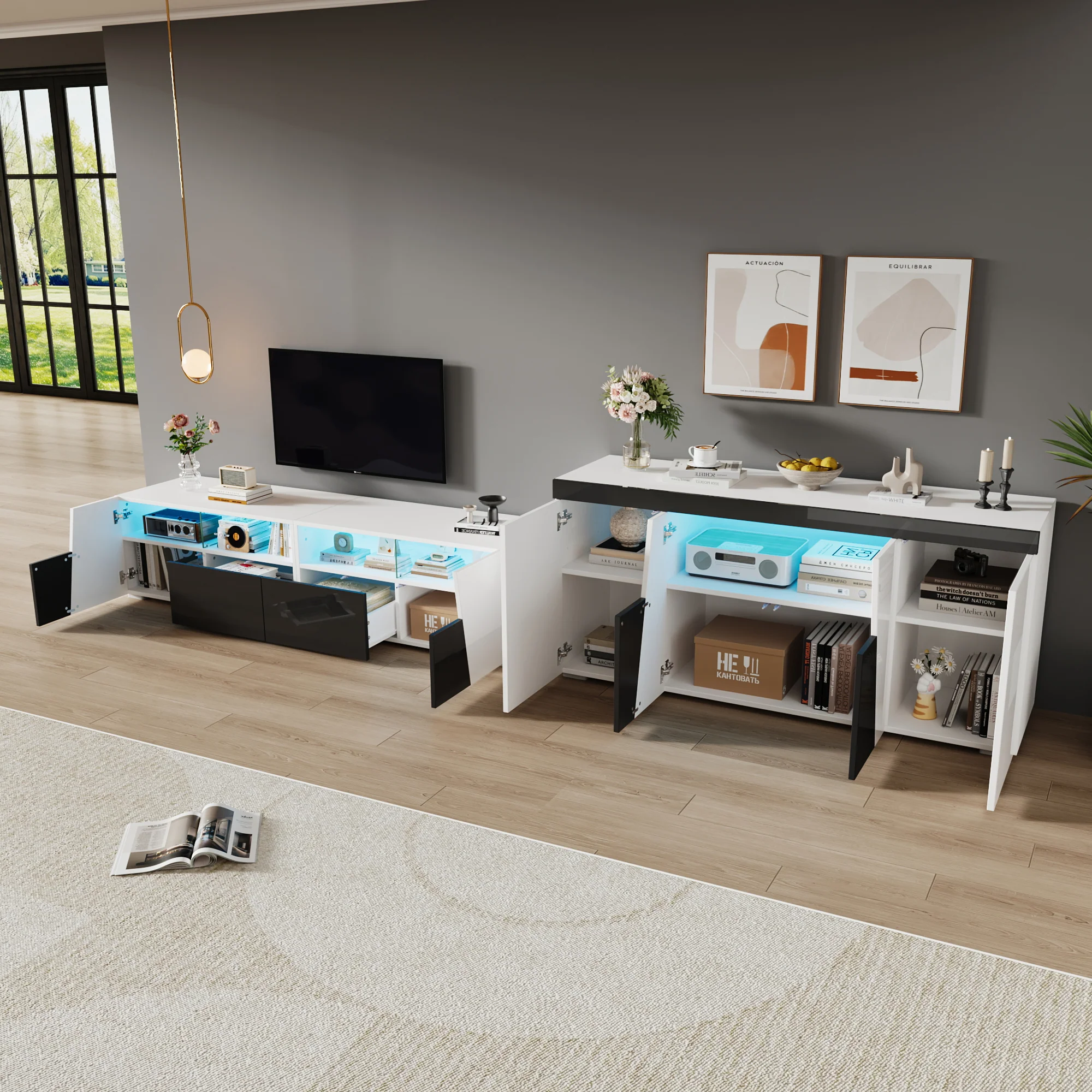 TV Cabinet and Sideboard Set High-Gloss LED Lowboard - Black and White - Image 3