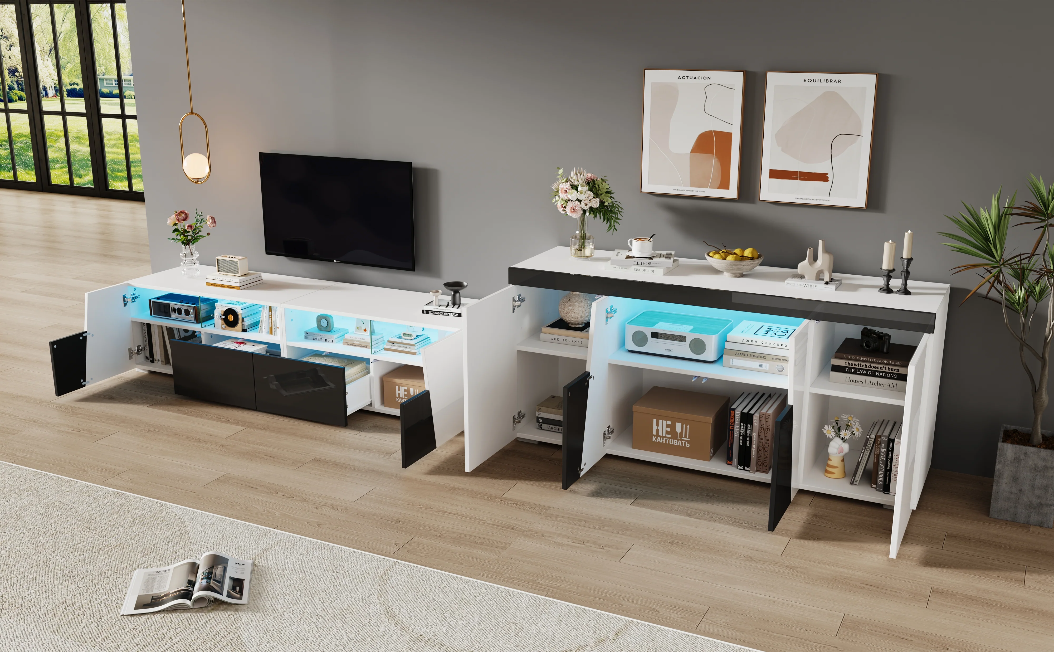 TV Cabinet and Sideboard Set High-Gloss LED Lowboard - Black and White - Image 5
