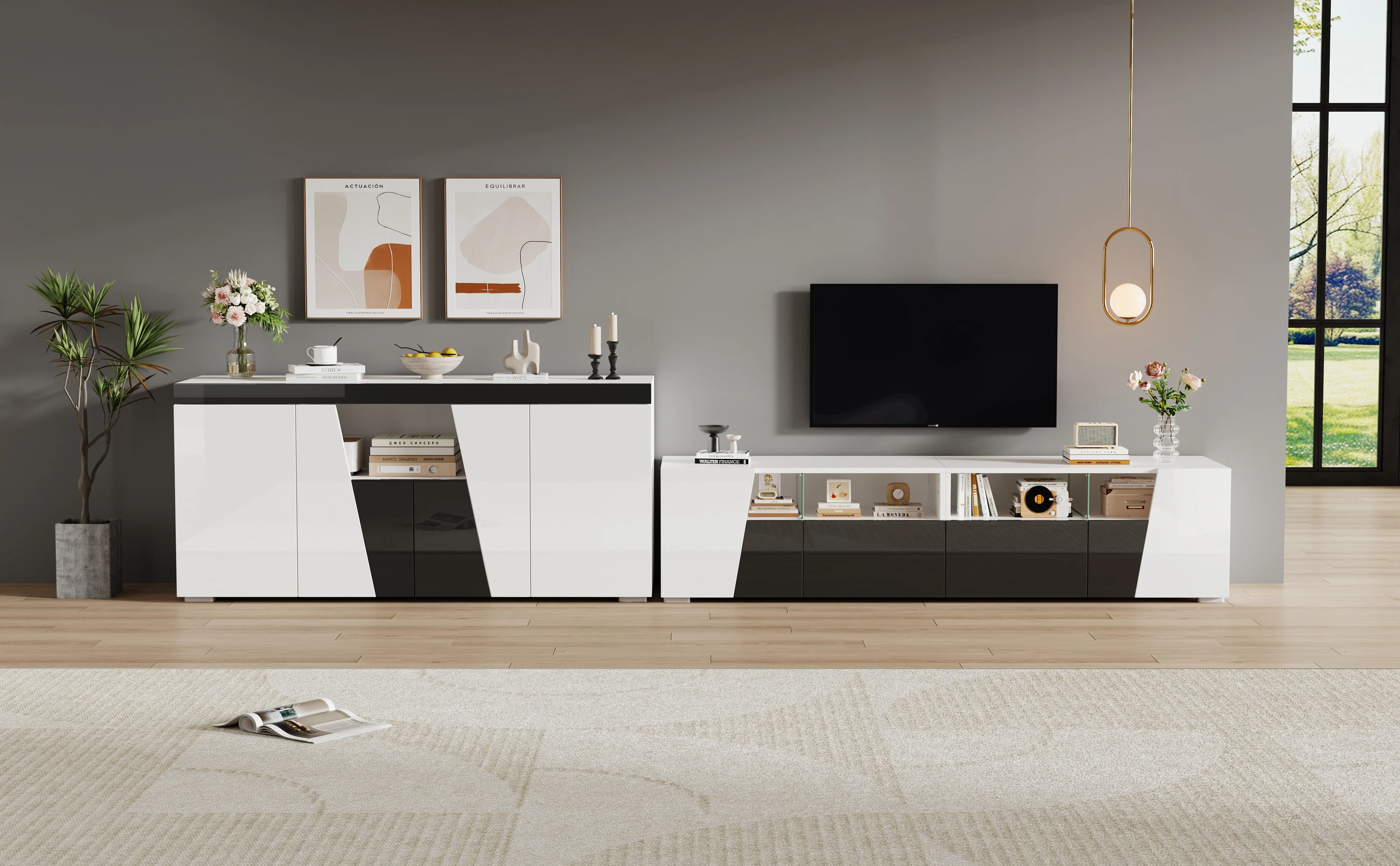 TV Cabinet and Sideboard Set High-Gloss LED Lowboard - Black and White - Image 6