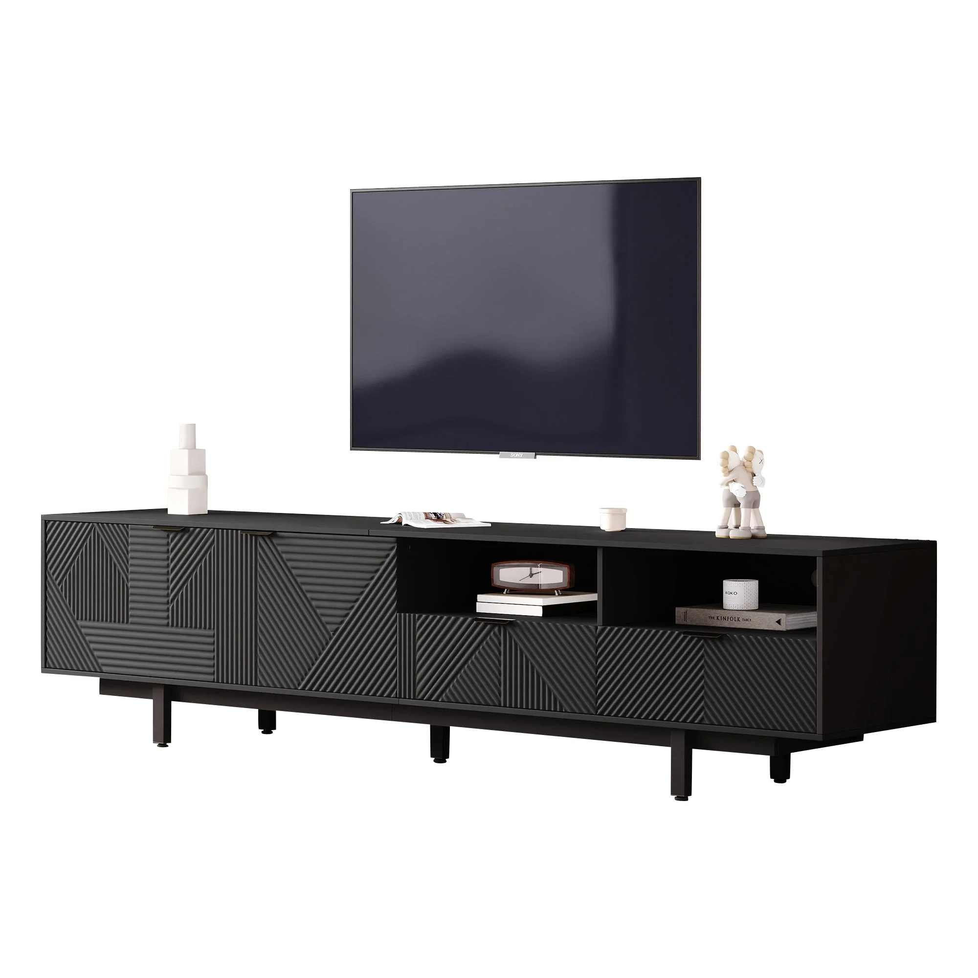 TV Cabinet Entertainment Center with Storage, Black Geometric Lines, Modern Bohemian Style - Image 3