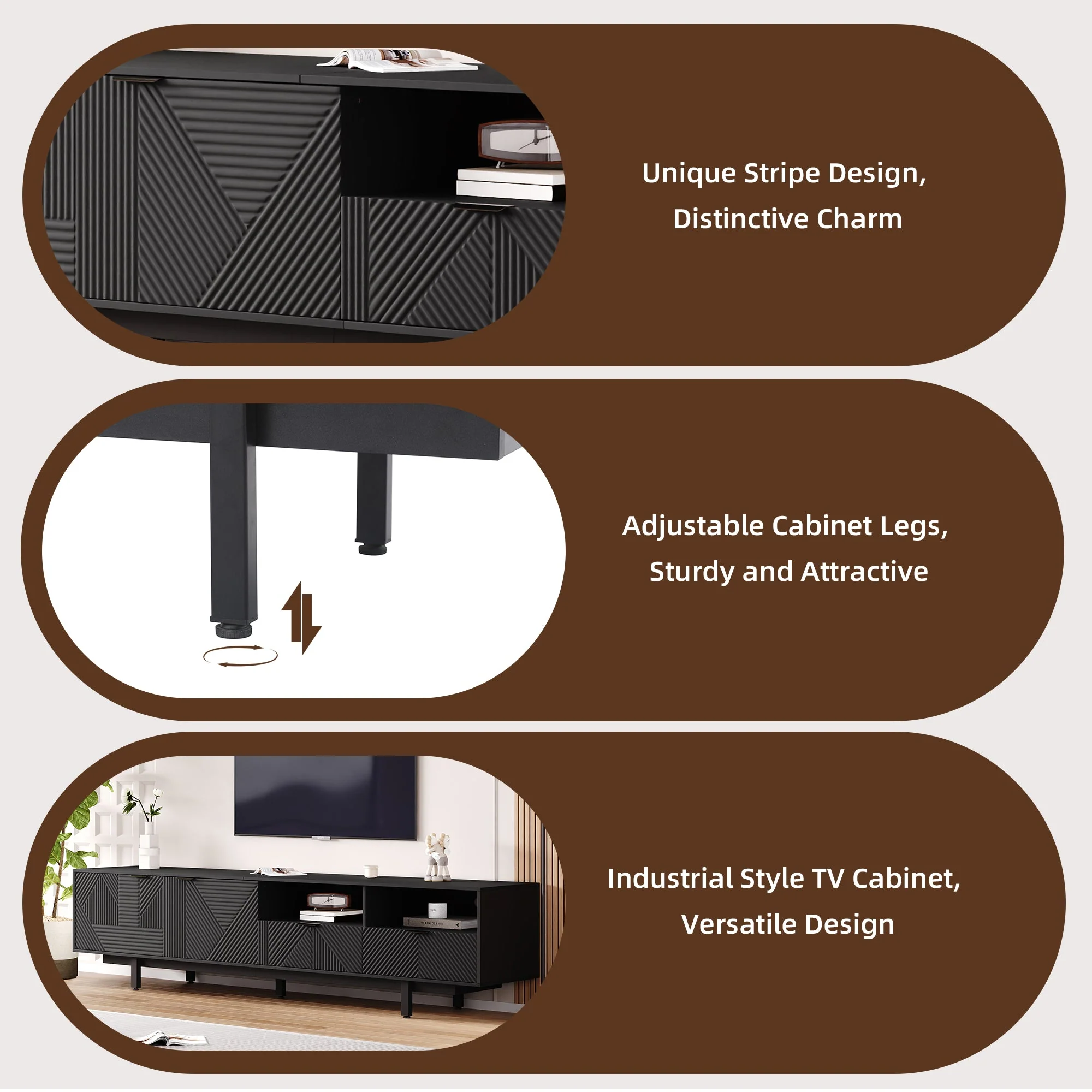 TV Cabinet Entertainment Center with Storage, Black Geometric Lines, Modern Bohemian Style - Image 5