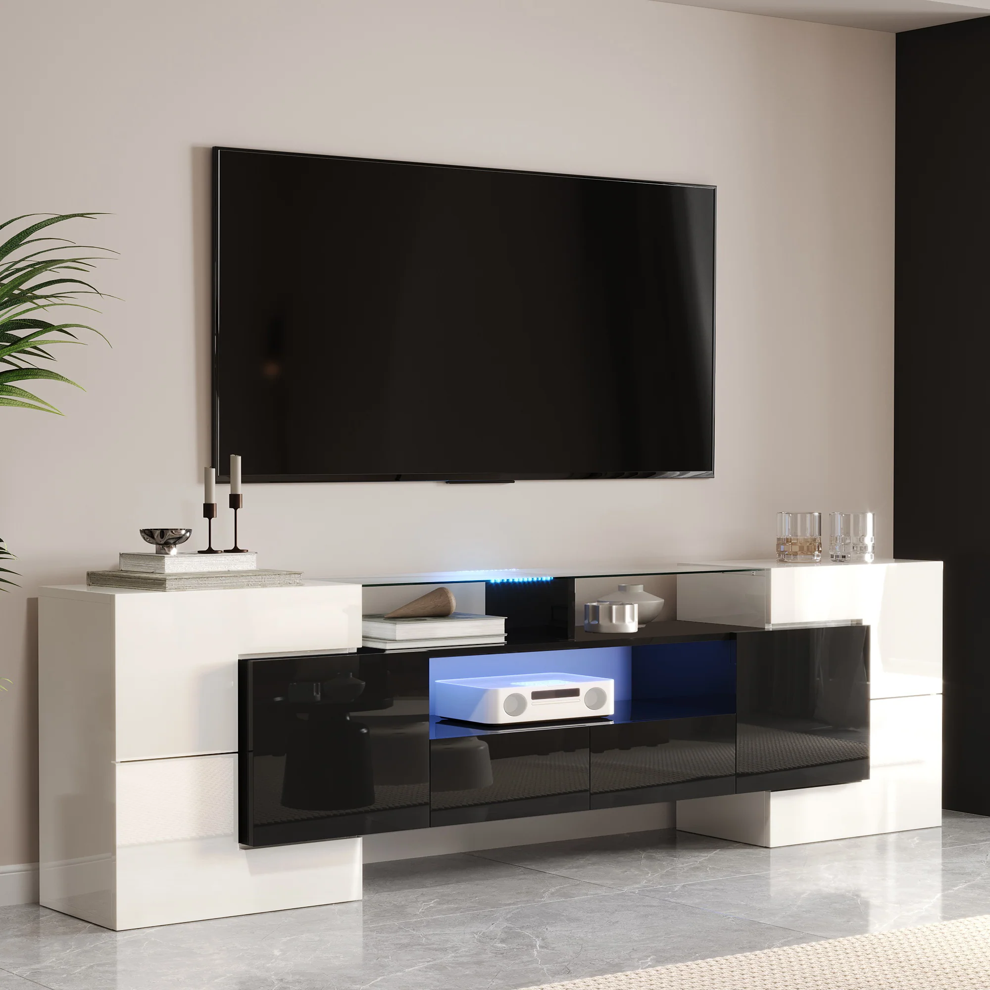 TV Cabinet Low Panel 200cm LED Lighting Modern Design High-Gloss White and Black
