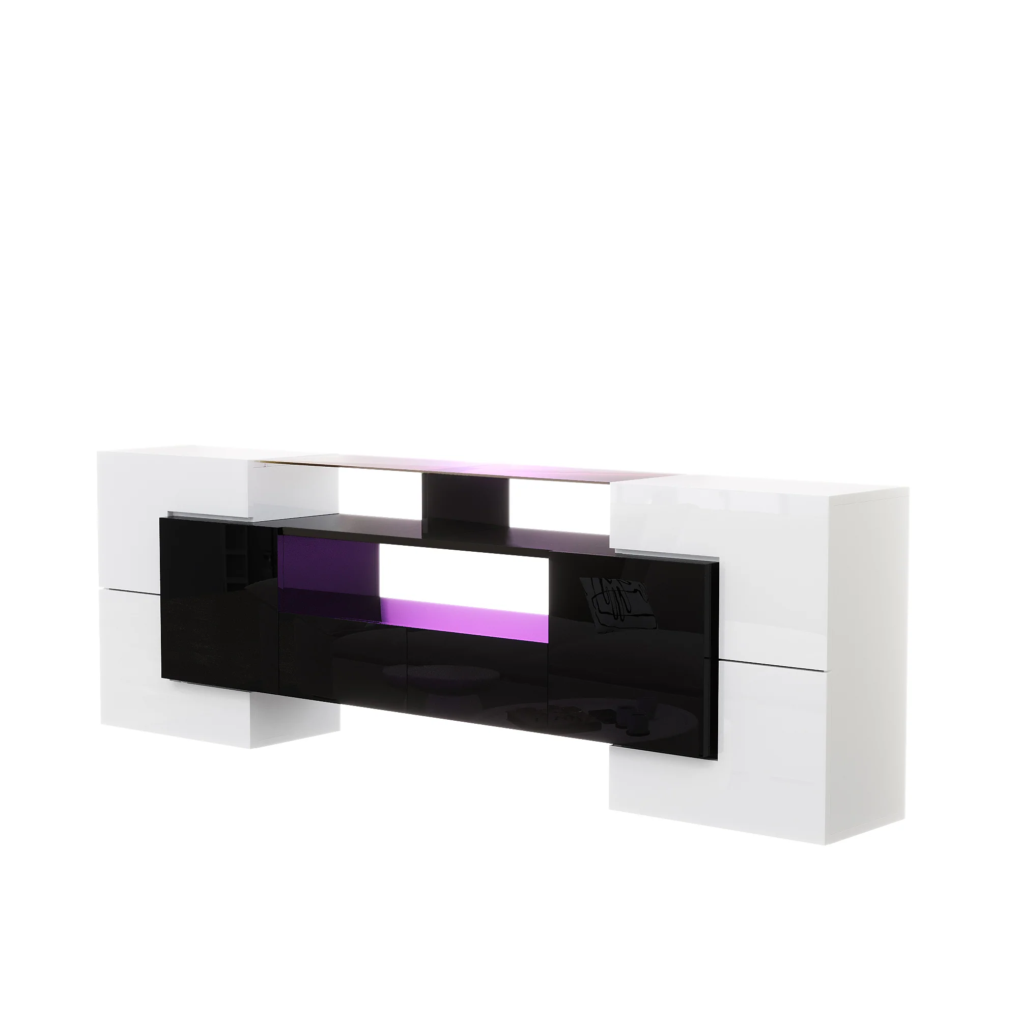 TV Cabinet Low Panel 200cm LED Lighting Modern Design High-Gloss White and Black - Image 10