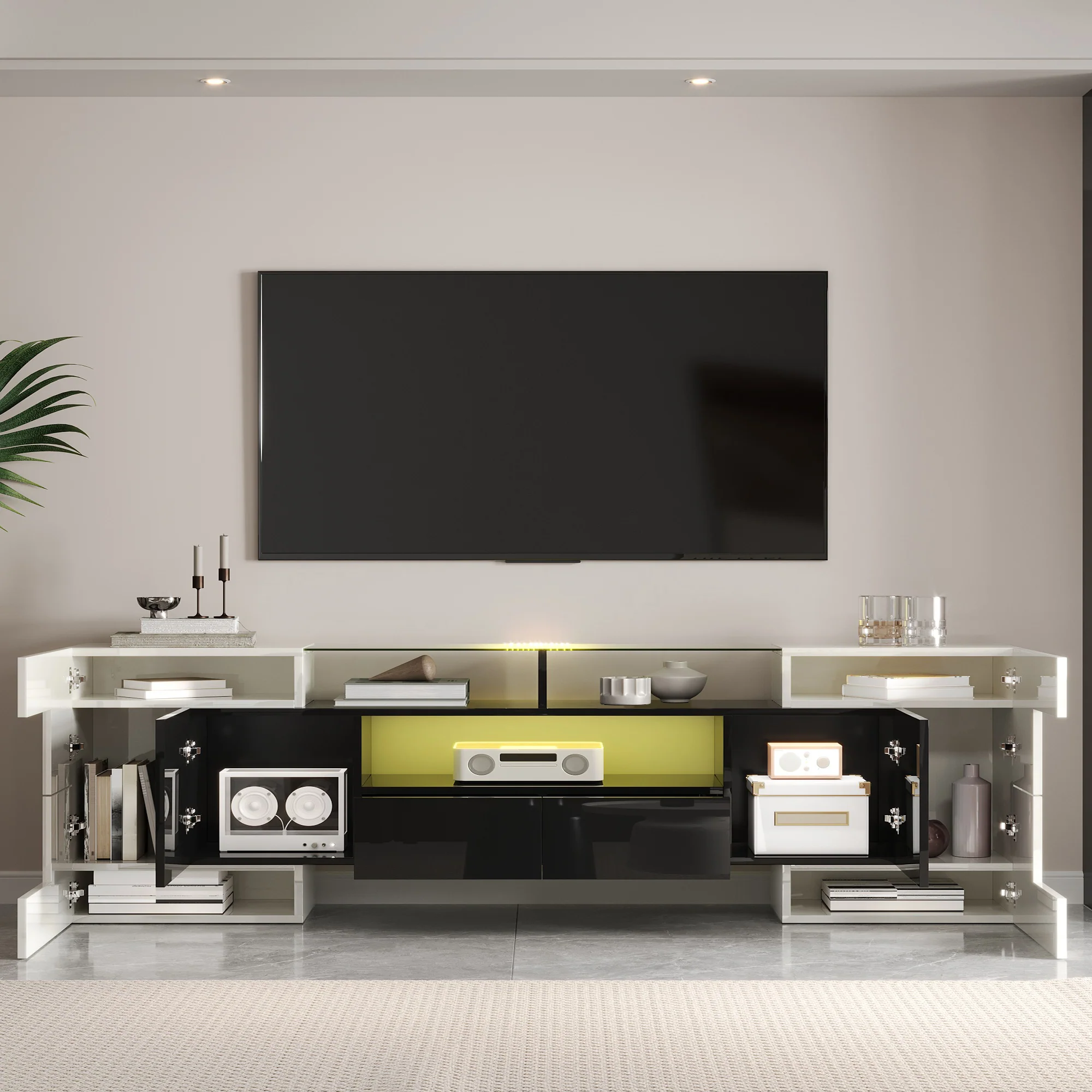 TV Cabinet Low Panel 200cm LED Lighting Modern Design High-Gloss White and Black - Image 2