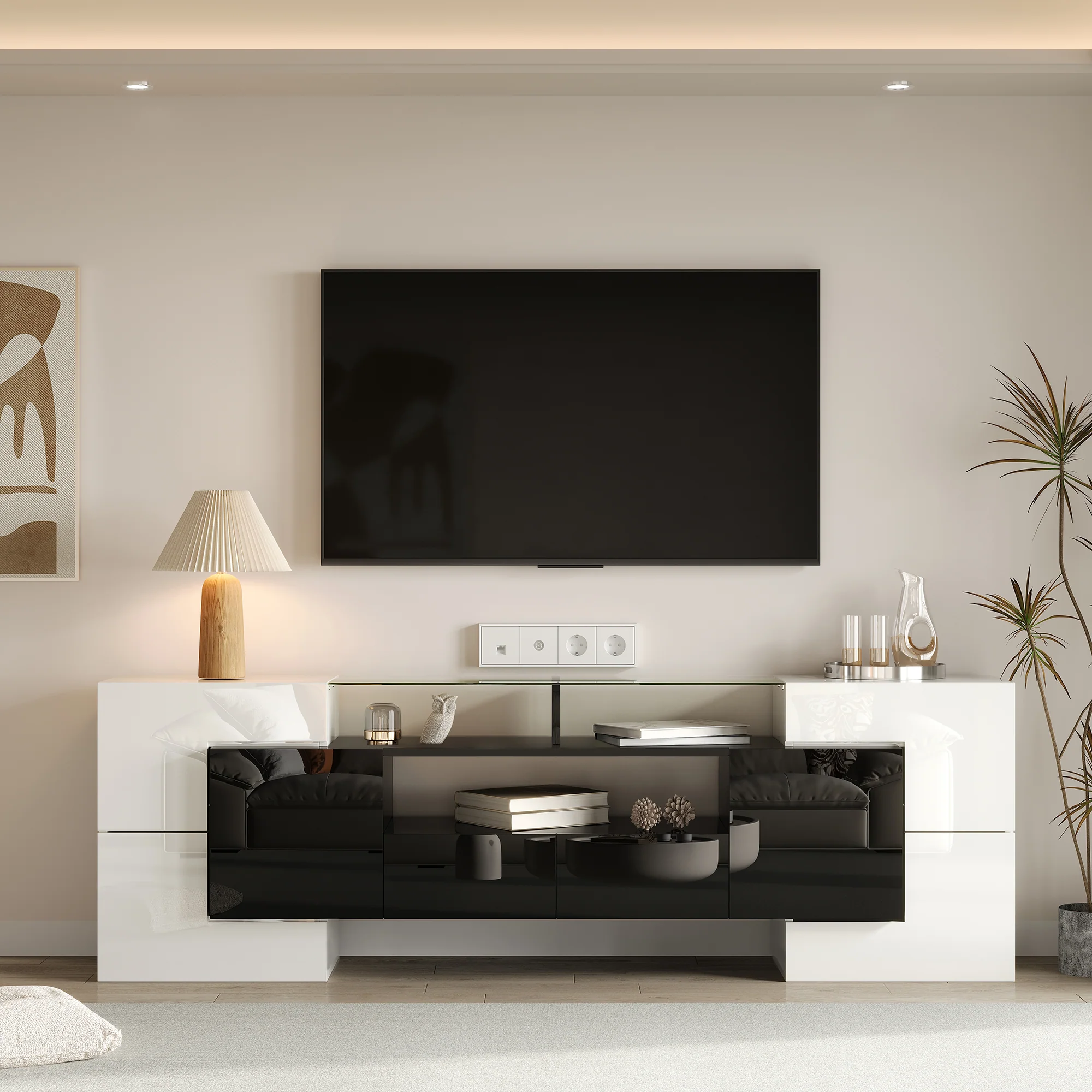 TV Cabinet Low Panel 200cm LED Lighting Modern Design High-Gloss White and Black - Image 3