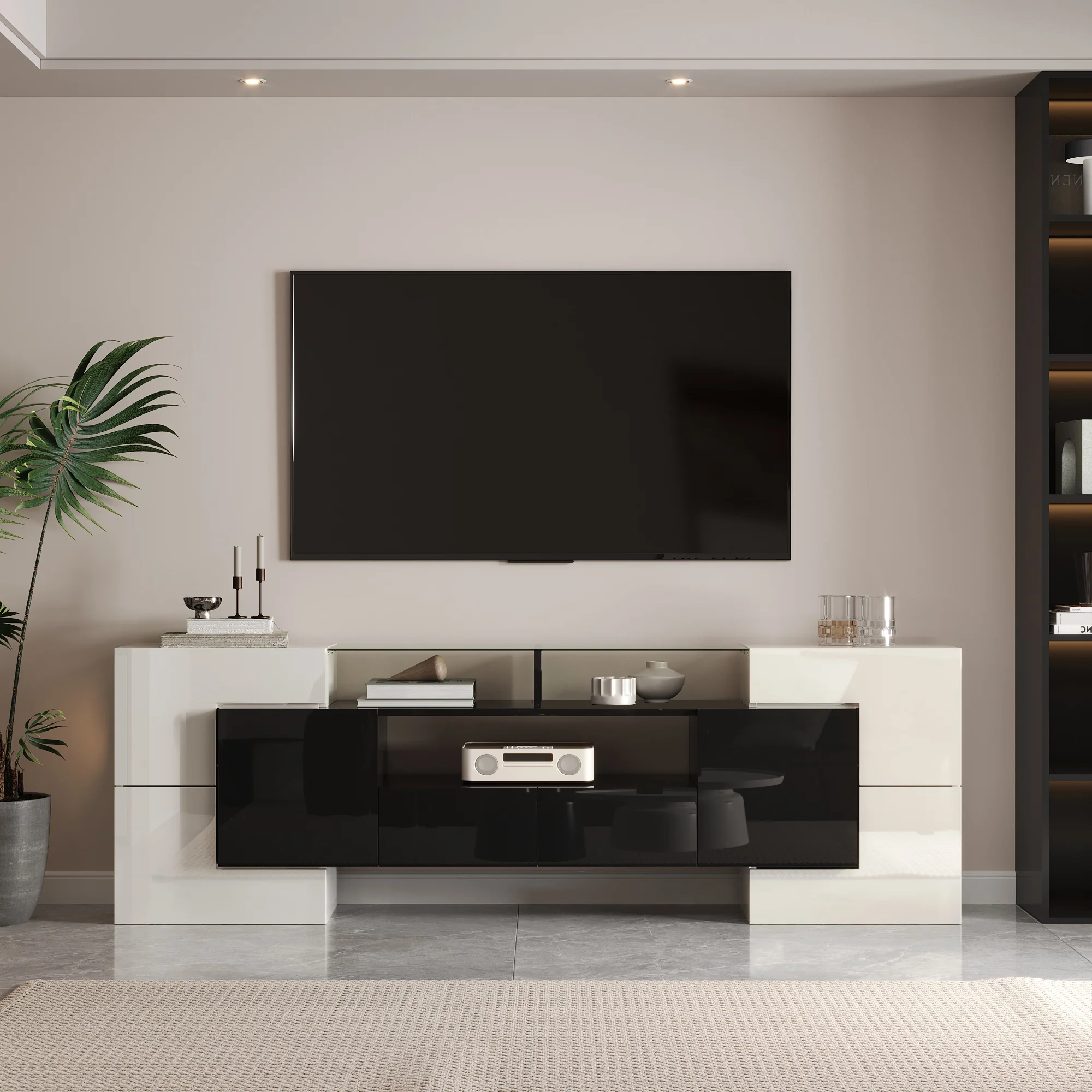 TV Cabinet Low Panel 200cm LED Lighting Modern Design High-Gloss White and Black - Image 4