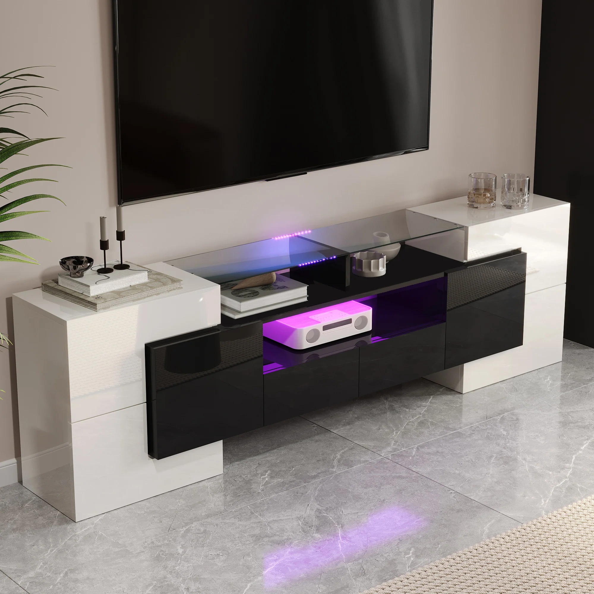 TV Cabinet Low Panel 200cm LED Lighting Modern Design High-Gloss White and Black - Image 5