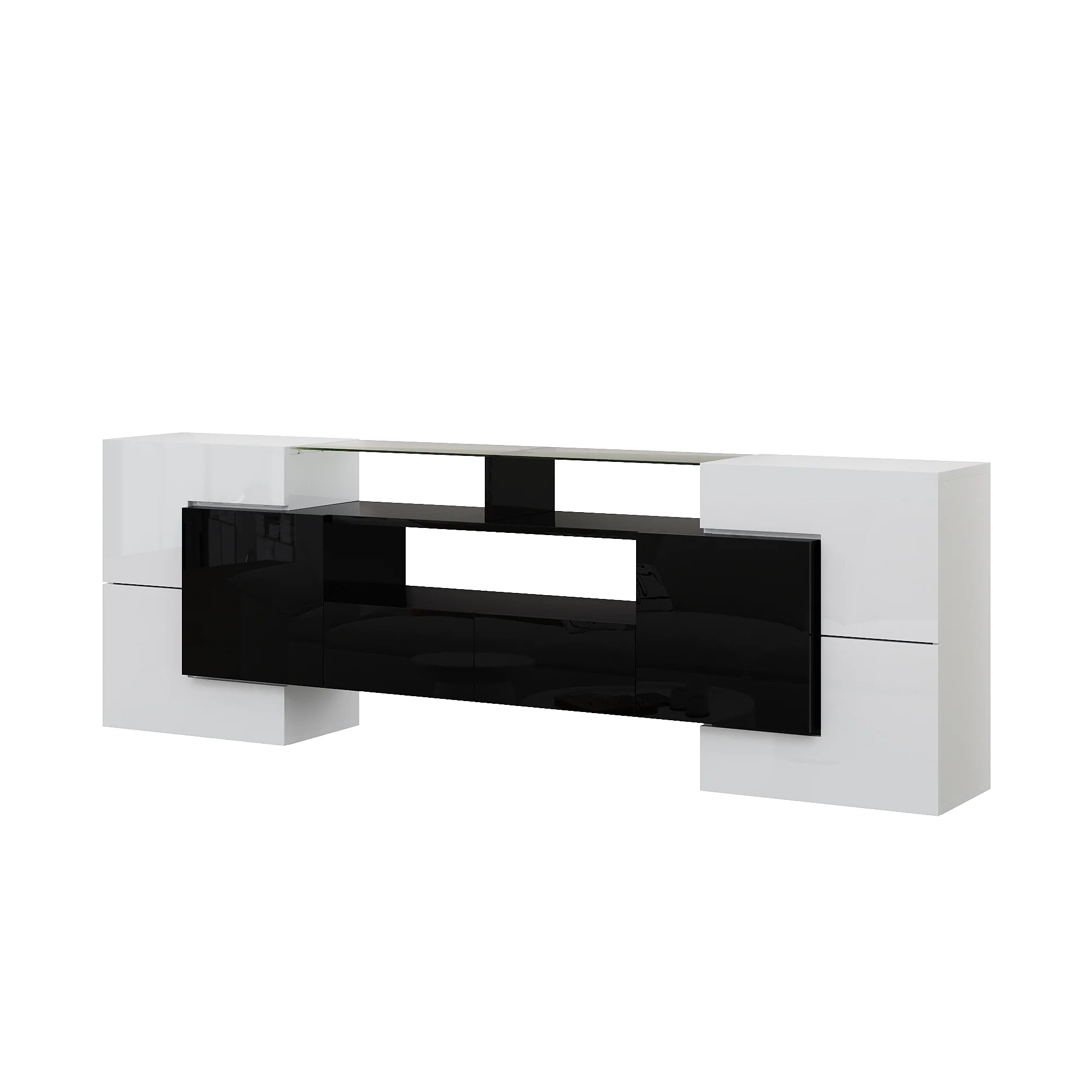TV Cabinet Low Panel 200cm LED Lighting Modern Design High-Gloss White and Black - Image 7