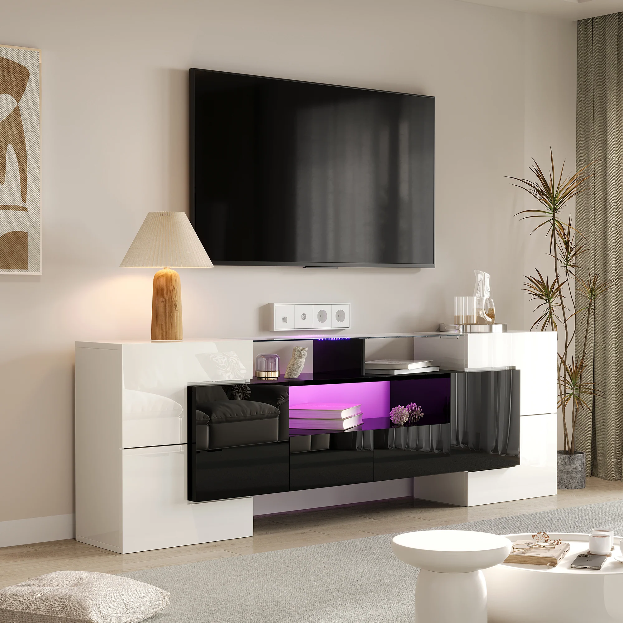 TV Cabinet Low Panel 200cm LED Lighting Modern Design High-Gloss White and Black - Image 8
