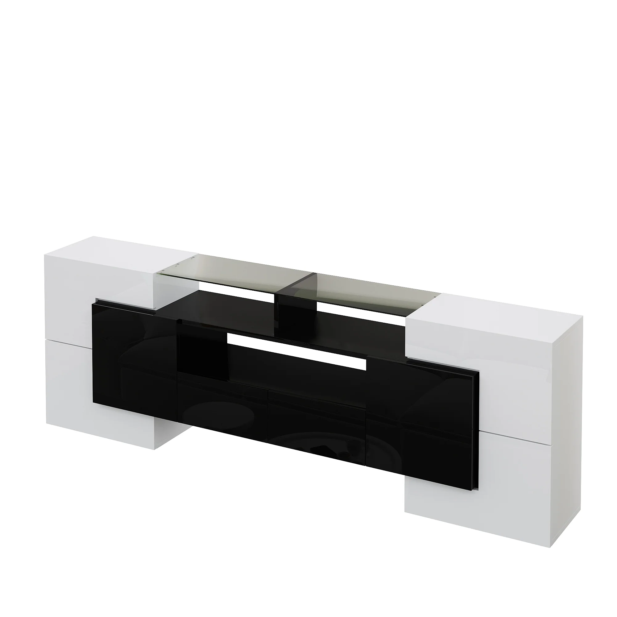 TV Cabinet Low Panel 200cm LED Lighting Modern Design High-Gloss White and Black - Image 9