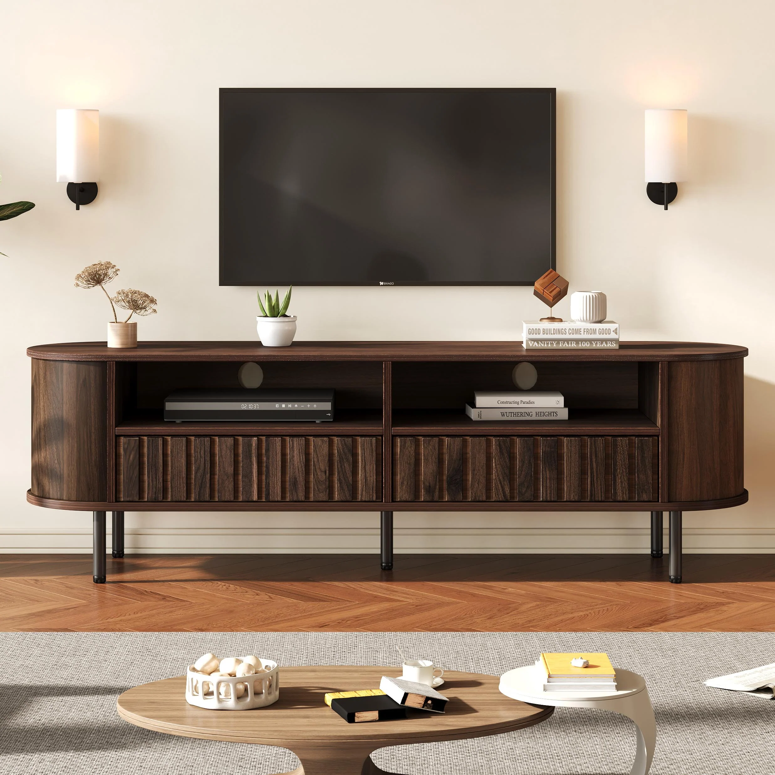 TV Cabinet Lowboard 160cm 2 Cabinets 2 Drawers for 65-inch TV Walnut - Image 2
