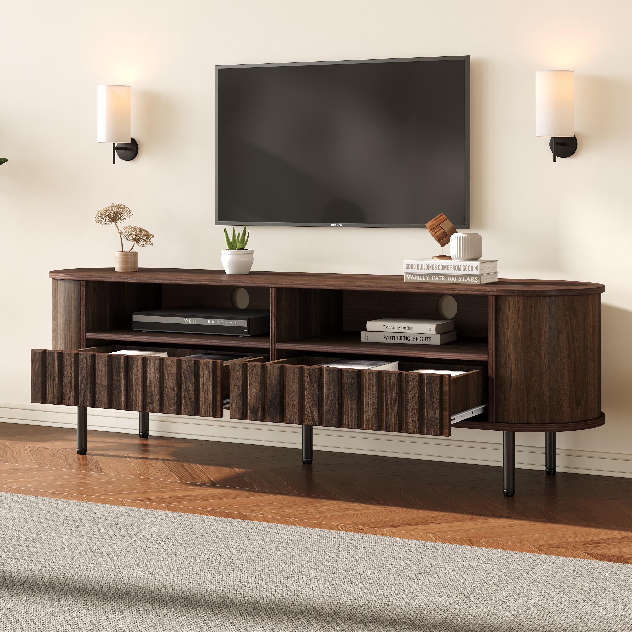 TV Cabinet Lowboard 160cm 2 Cabinets 2 Drawers for 65-inch TV Walnut - Image 6
