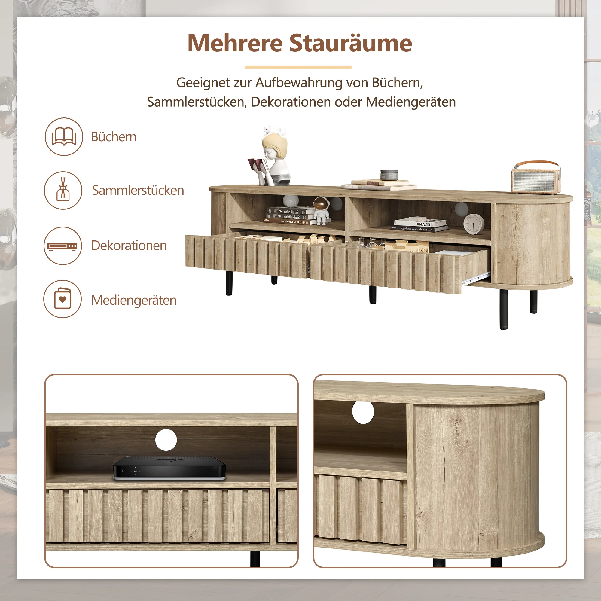 TV Cabinet Lowboard 160cm 2 Doors 2 Drawers for 65 Inch - Natural Wood - Image 7