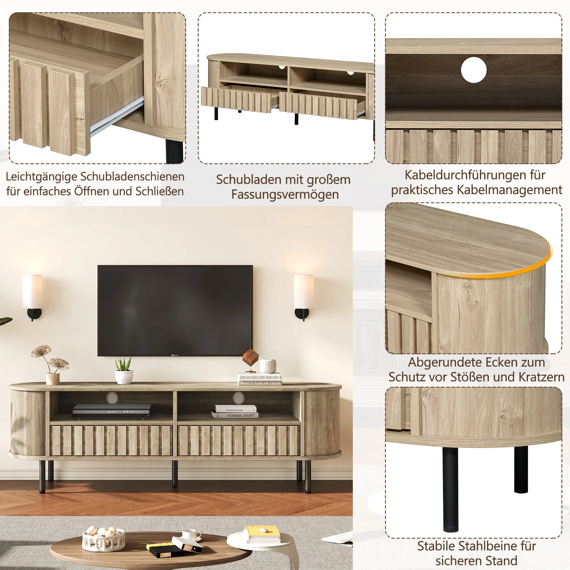 TV Cabinet Lowboard 160cm 2 Doors 2 Drawers for 65 Inch - Natural Wood - Image 8