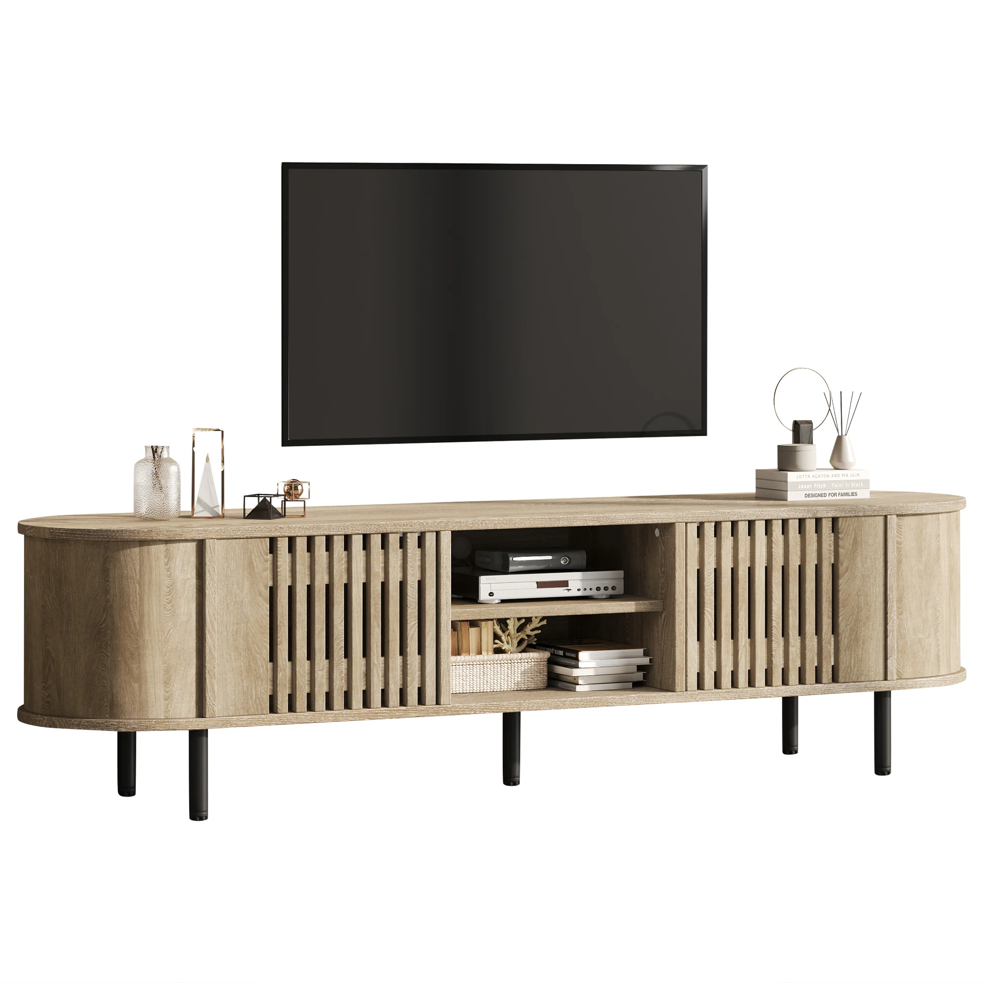 TV Cabinet Lowboard 160x40x47cm Openwork Design 2 Cabinets for 65" TV - Natural Wood - Image 10