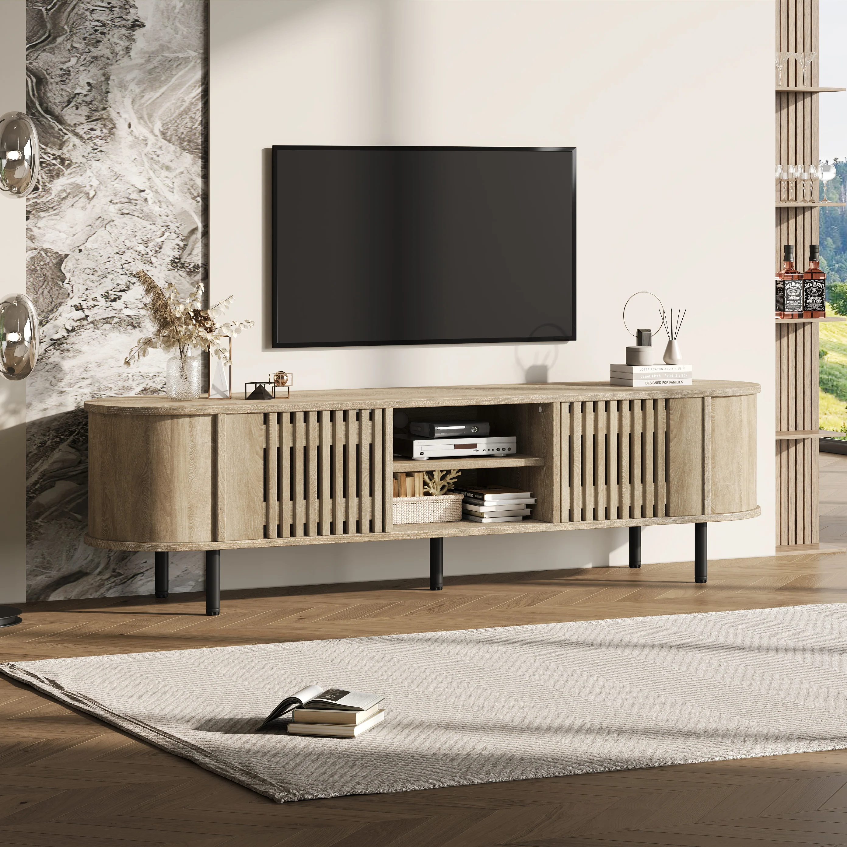 TV Cabinet Lowboard 160x40x47cm Openwork Design 2 Cabinets for 65" TV - Natural Wood - Image 5