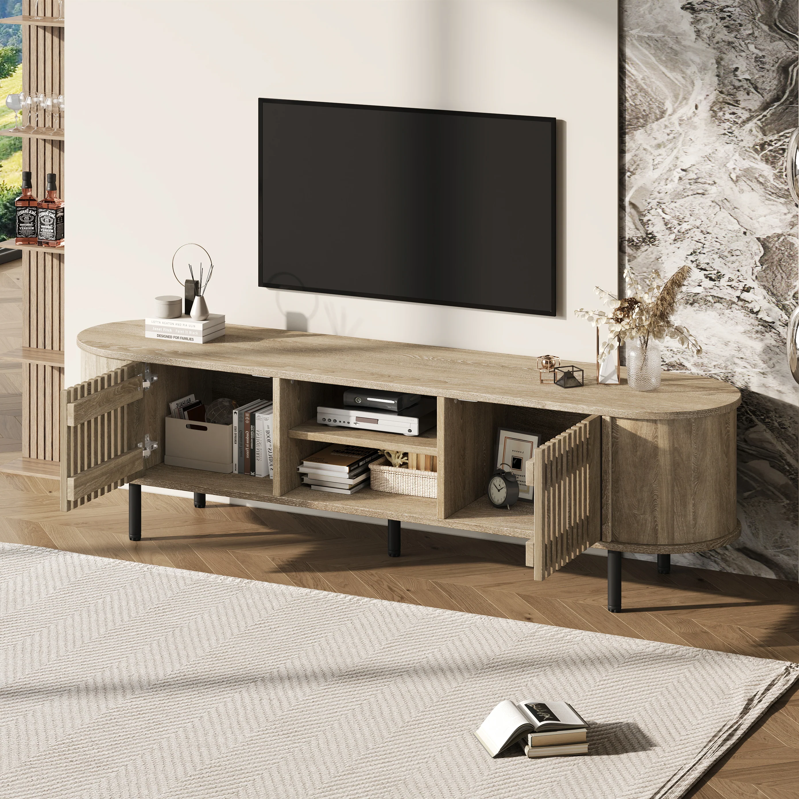 TV Cabinet Lowboard 160x40x47cm Openwork Design 2 Cabinets for 65" TV - Natural Wood - Image 6