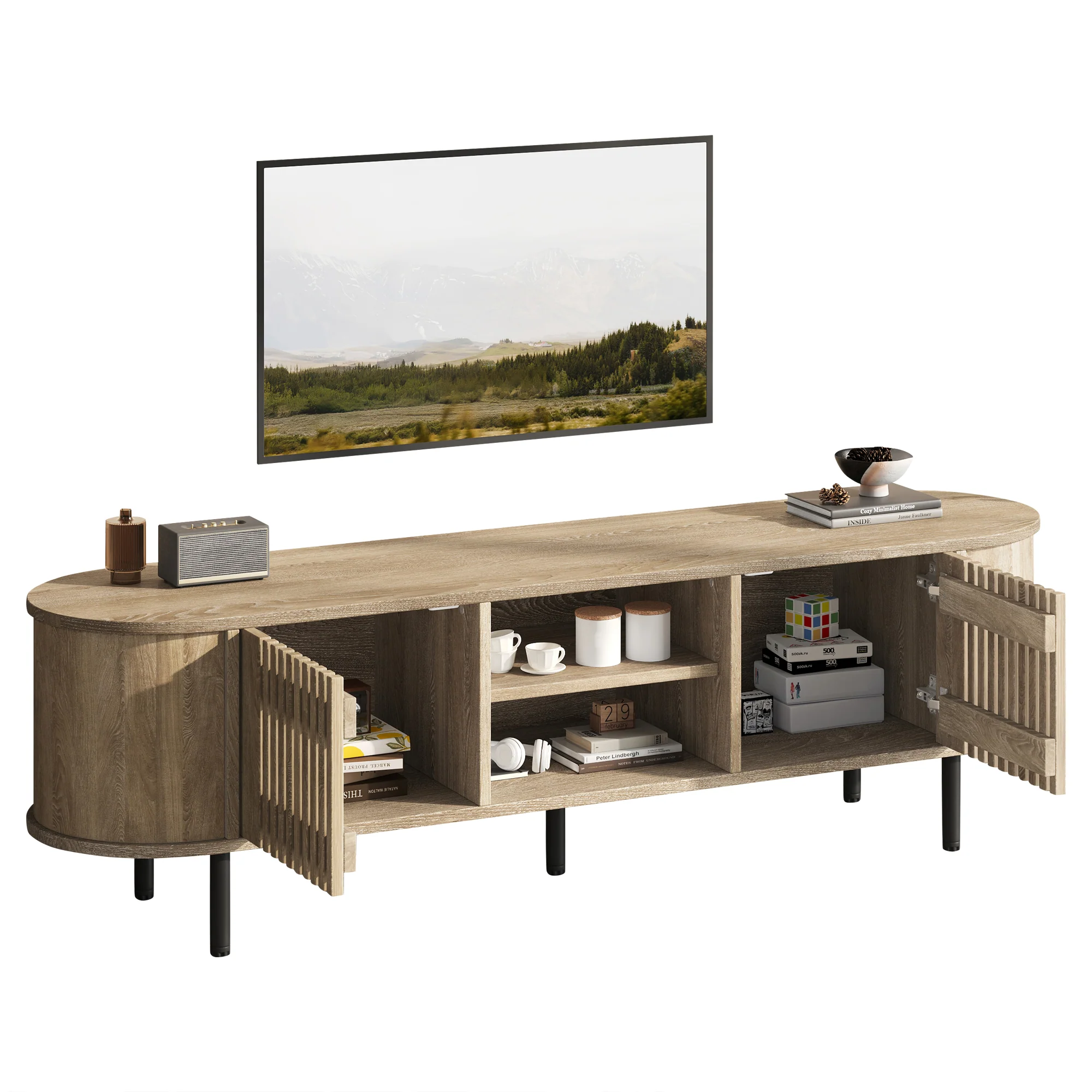TV Cabinet Lowboard 160x40x47cm Openwork Design 2 Cabinets for 65" TV - Natural Wood - Image 7