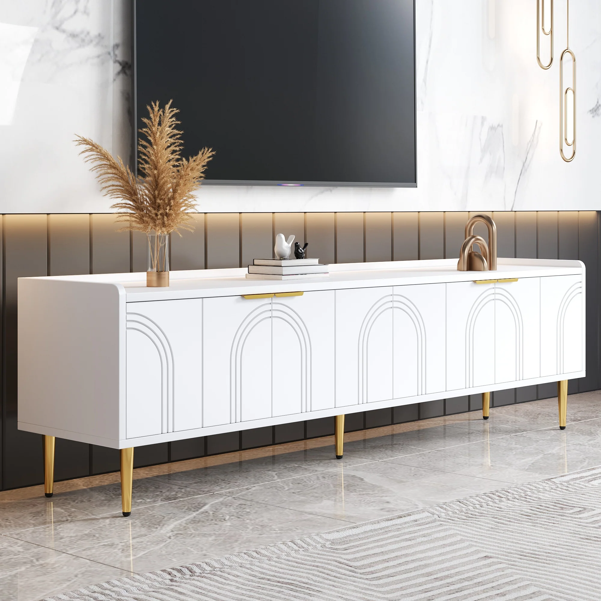 TV Cabinet Lowboard 170cm Textured Door Gold Handles/Feet - Image 3