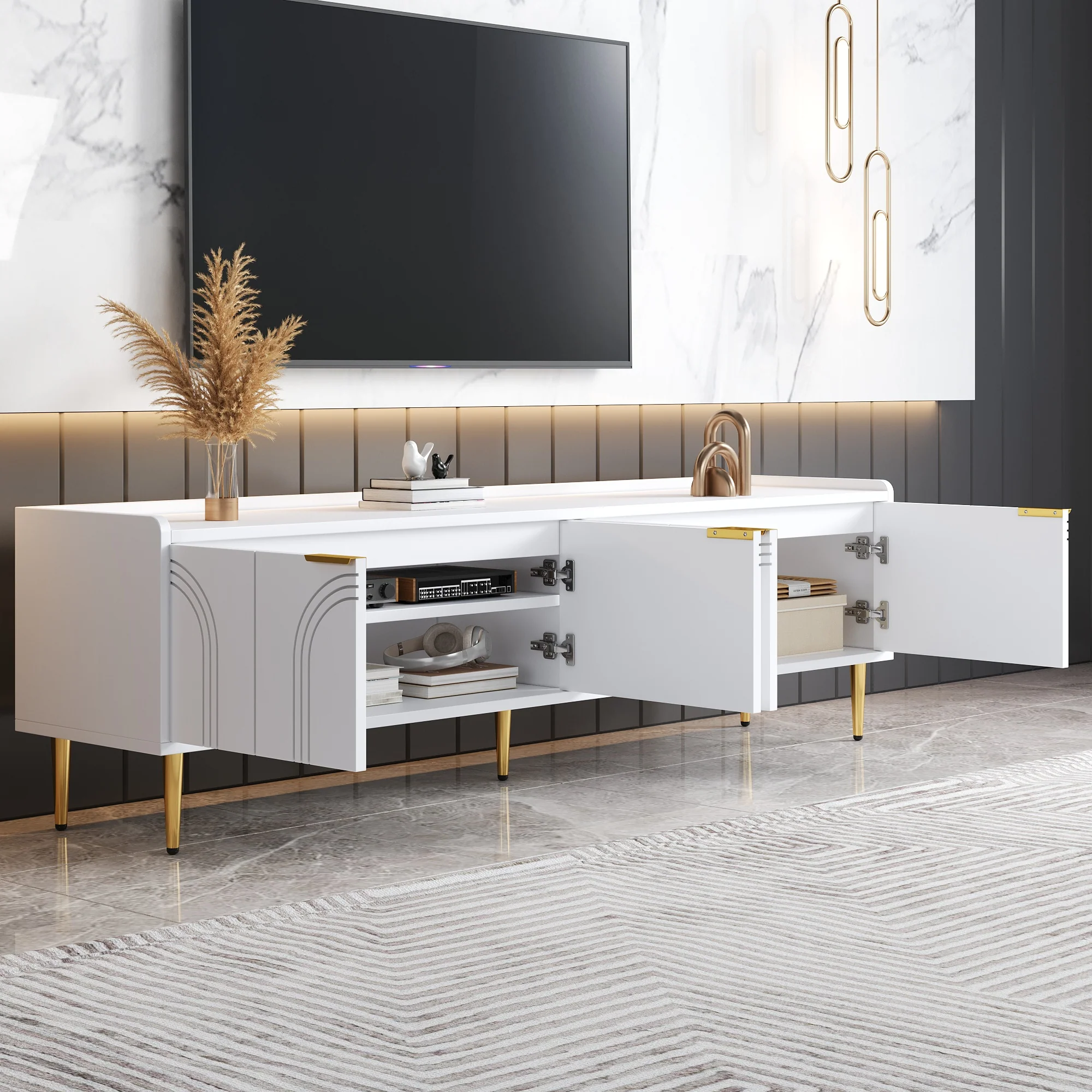 TV Cabinet Lowboard 170cm Textured Door Gold Handles/Feet - Image 4