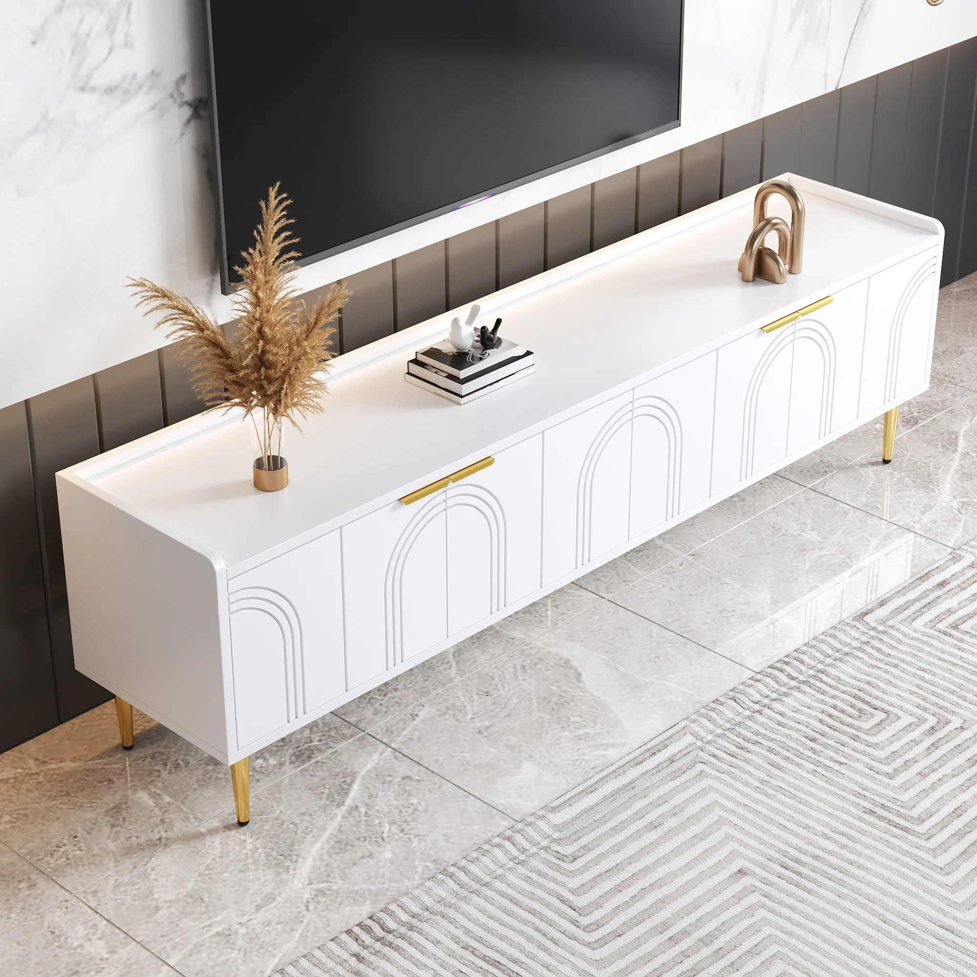 TV Cabinet Lowboard 170cm Textured Door Gold Handles/Feet - Image 9