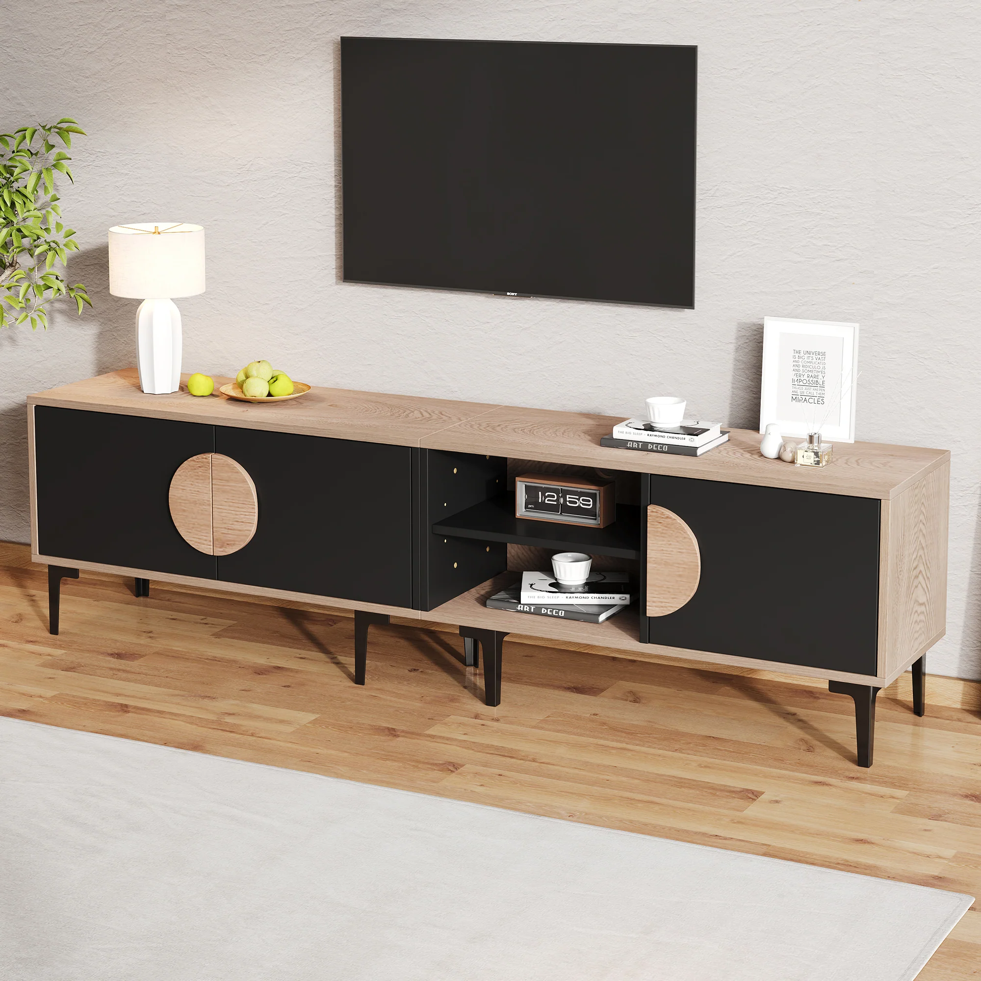 TV Cabinet Lowboard 180cm 2 Cabinets Open Shelves for 80 Inch TV - Wood/Black - Image 2
