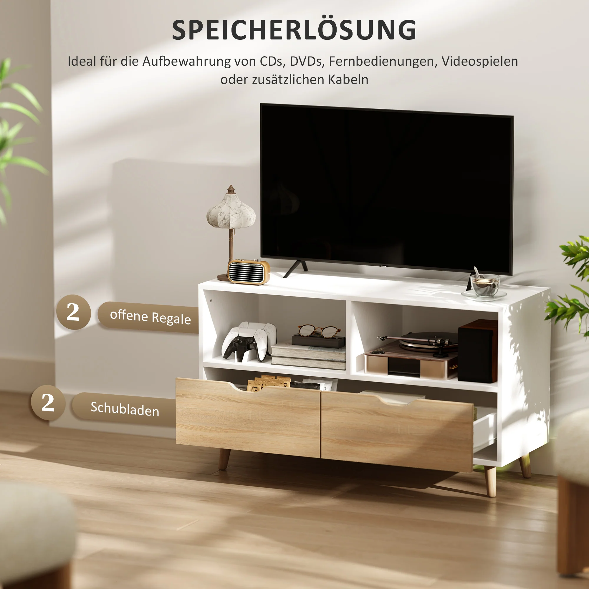 TV Cabinet Lowboard, 2 Shelves, Drawer, White - Image 4