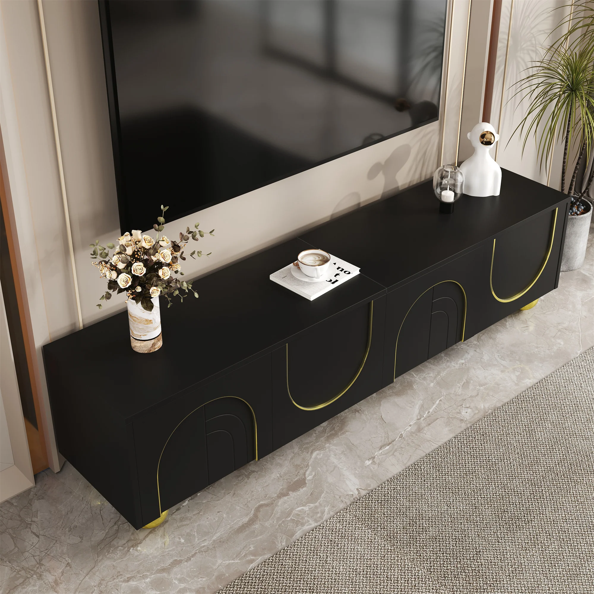 TV Cabinet Lowboard Textured Doors Shelves Push-to-Open - Gold Accents - Image 10