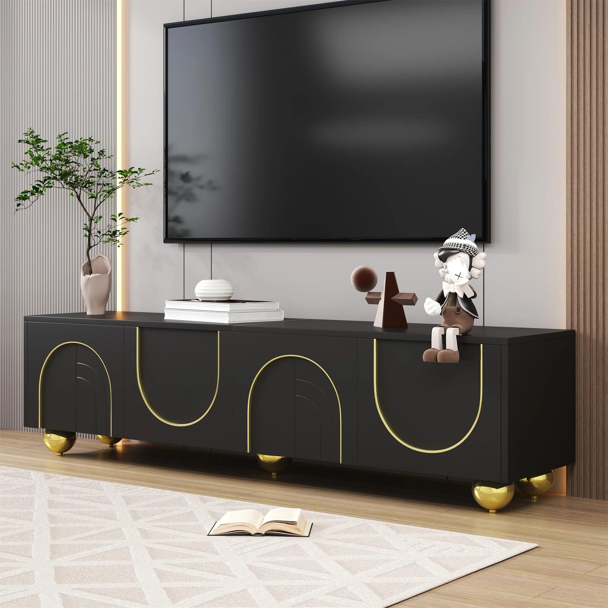 TV Cabinet Lowboard Textured Doors Shelves Push-to-Open - Gold Accents - Image 2