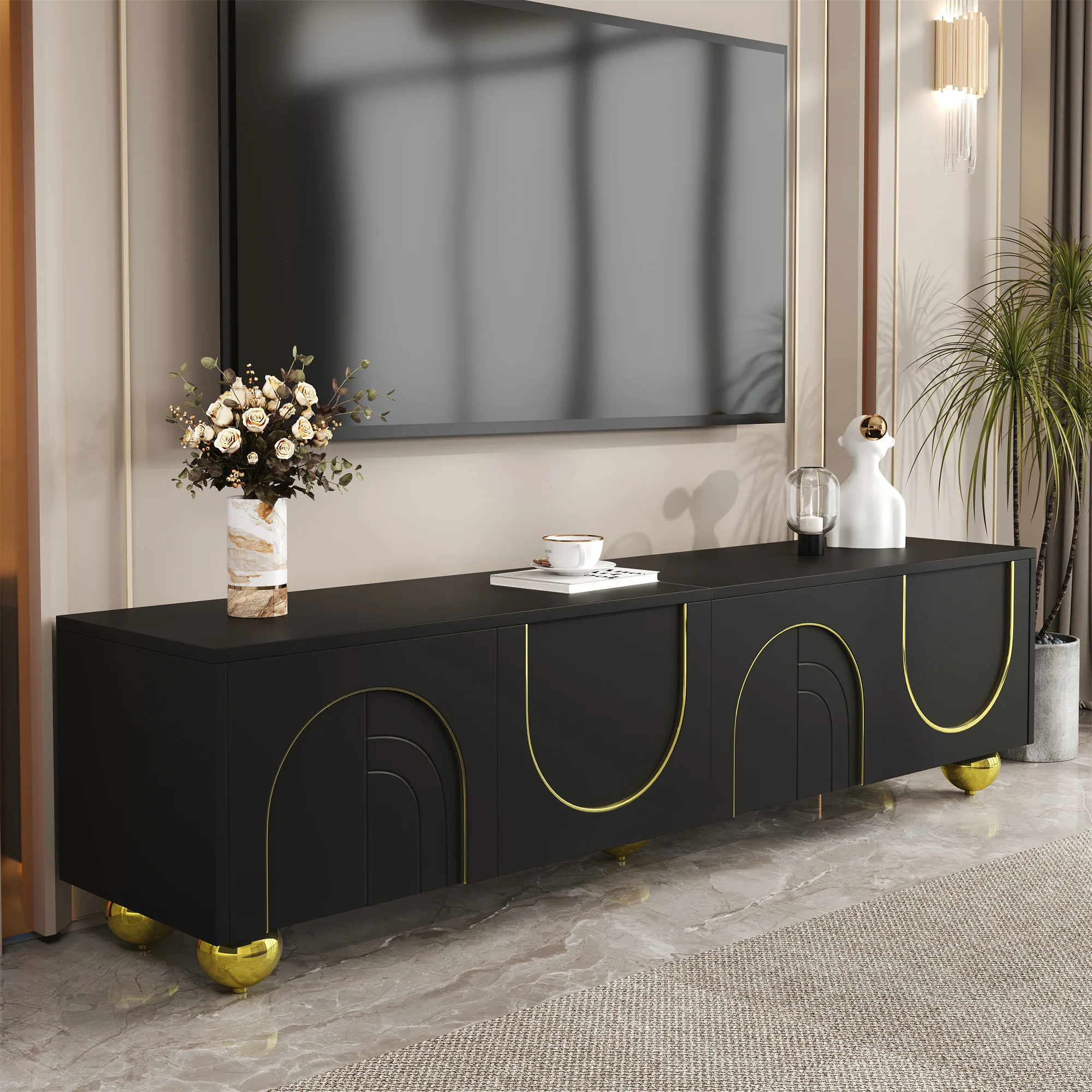 TV Cabinet Lowboard Textured Doors Shelves Push-to-Open - Gold Accents - Image 3