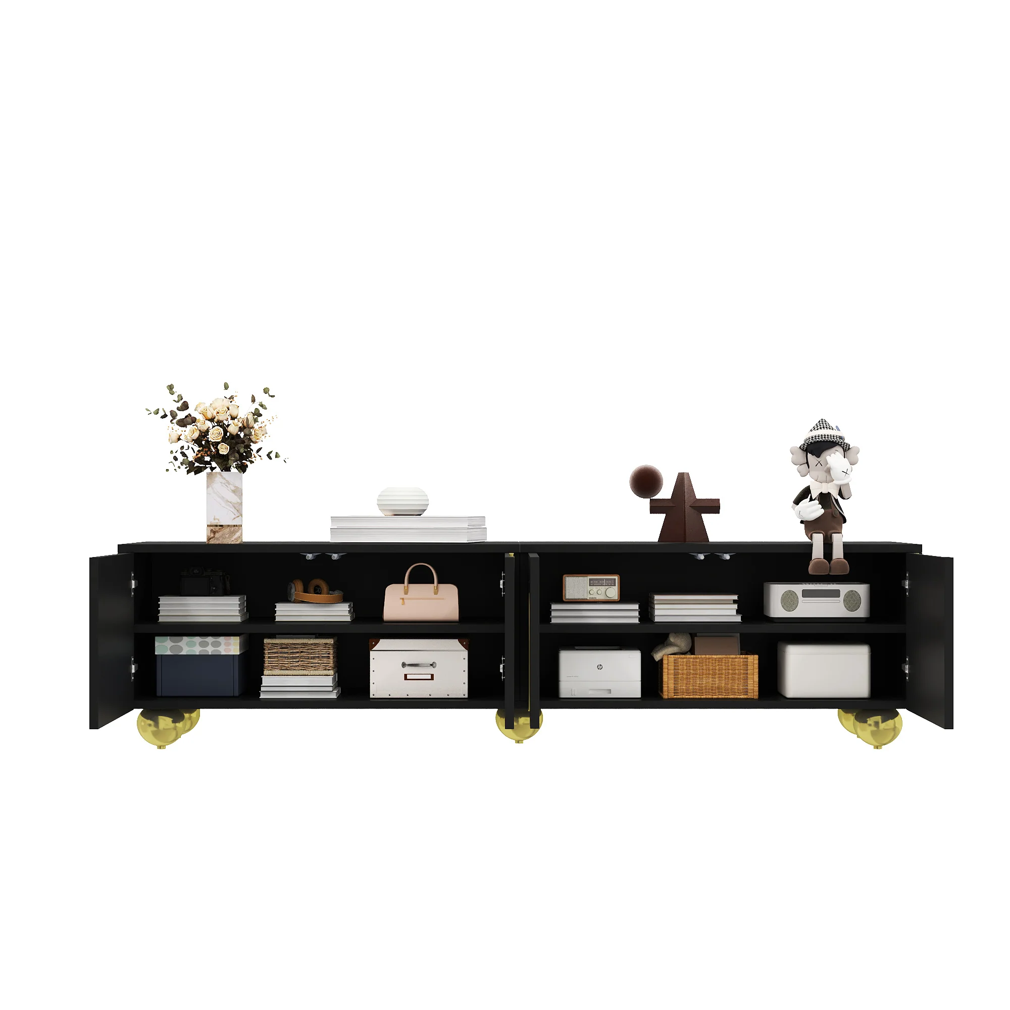 TV Cabinet Lowboard Textured Doors Shelves Push-to-Open - Gold Accents - Image 4