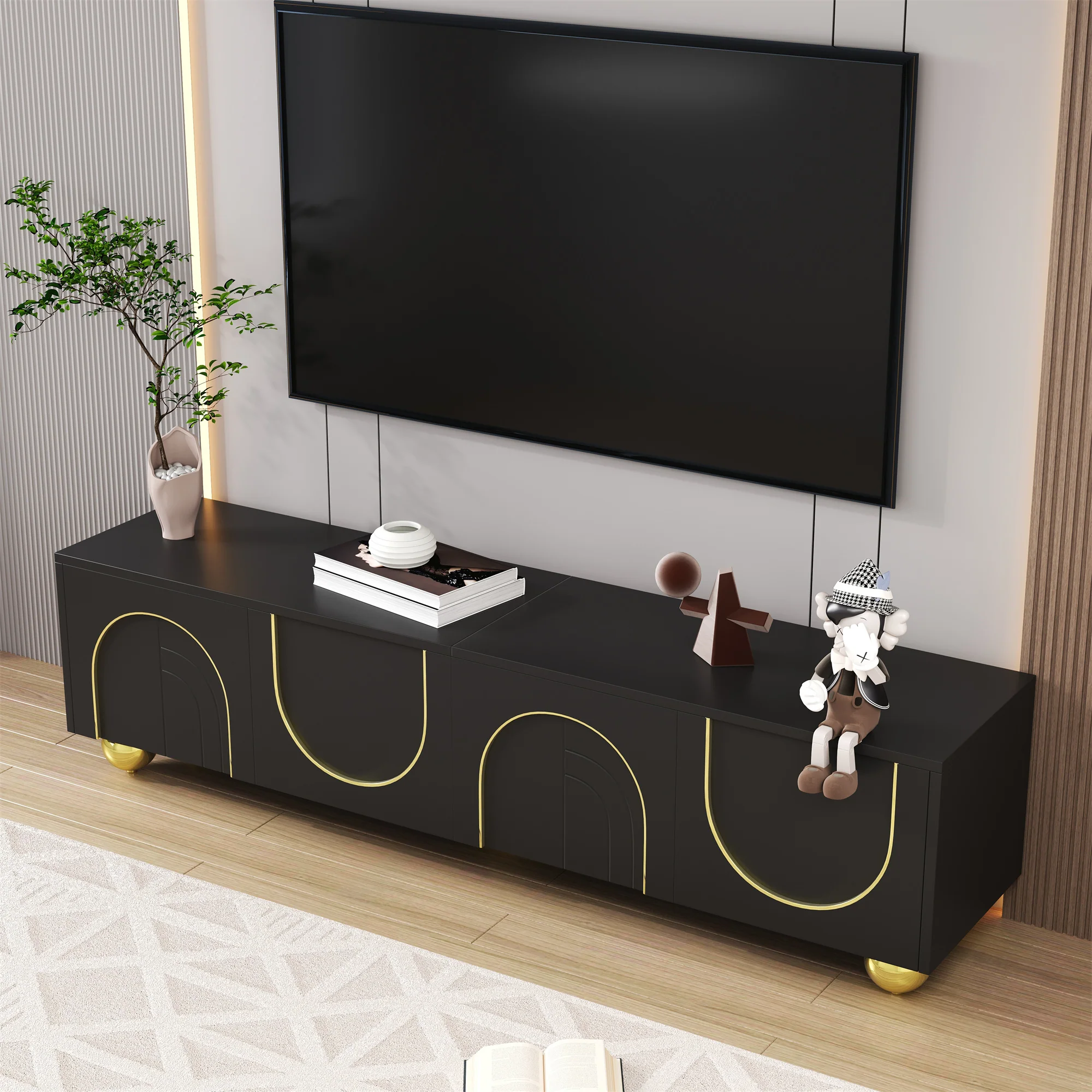 TV Cabinet Lowboard Textured Doors Shelves Push-to-Open - Gold Accents - Image 5