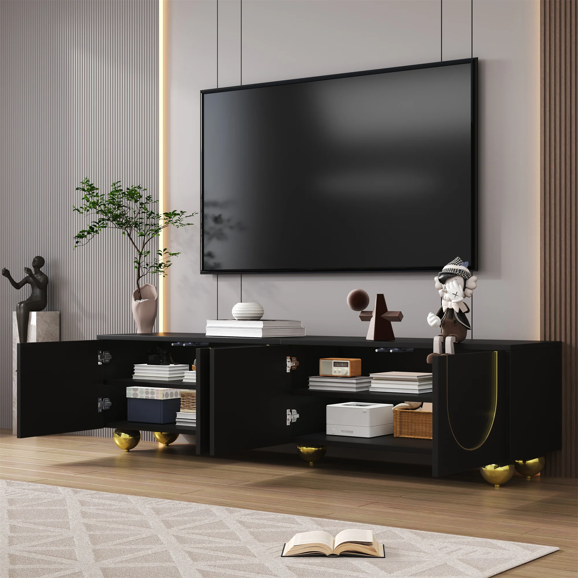 TV Cabinet Lowboard Textured Doors Shelves Push-to-Open - Gold Accents - Image 7