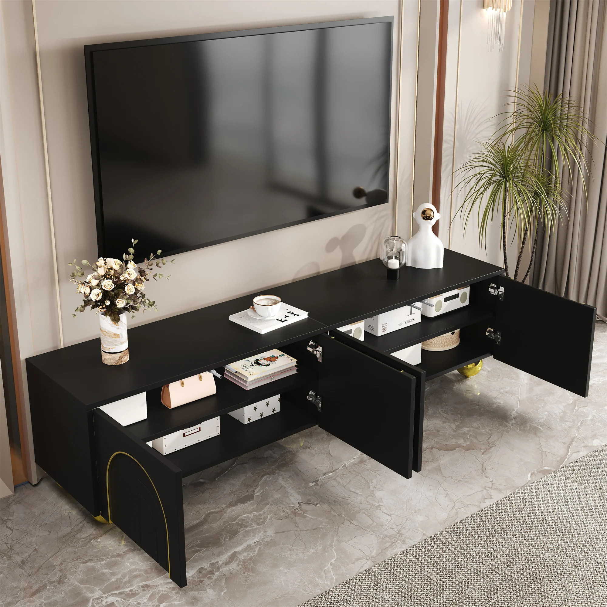 TV Cabinet Lowboard Textured Doors Shelves Push-to-Open - Gold Accents - Image 9