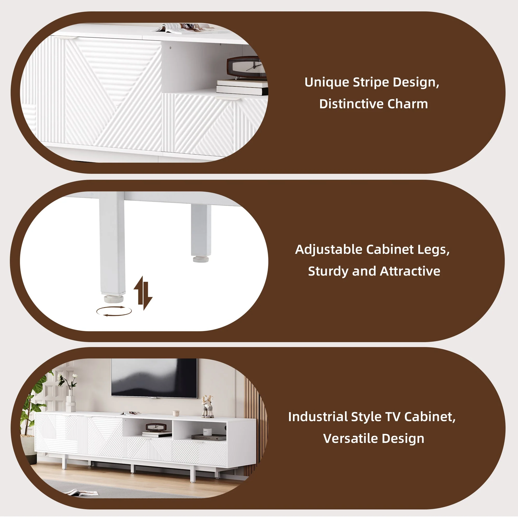 TV Cabinet, Modern Bohemian White Geometric Lines with Storage Space, for 90 inch TVs - Image 3