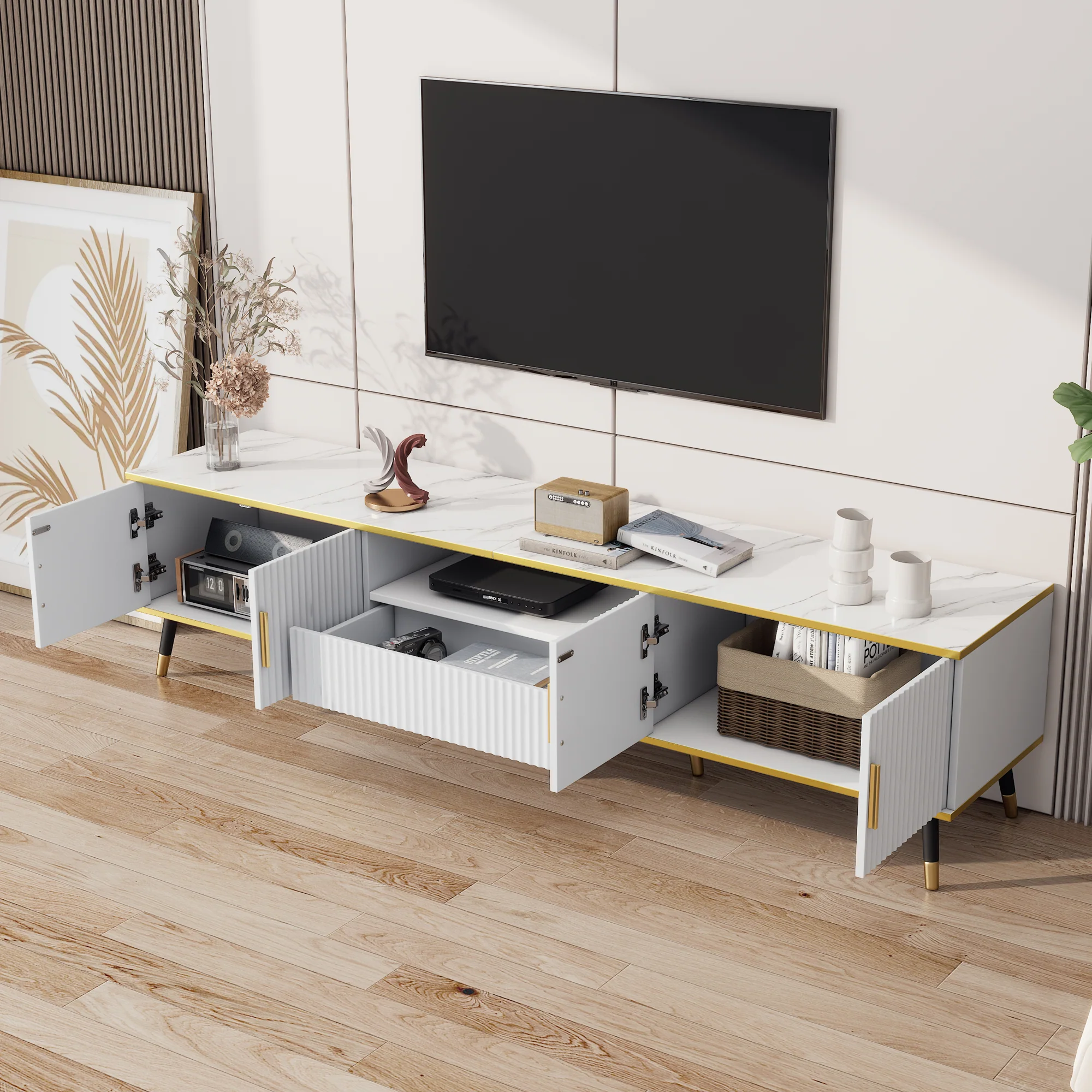 TV Cabinet, Modern Low with Marble Look, 200x40x46cm - Image 2