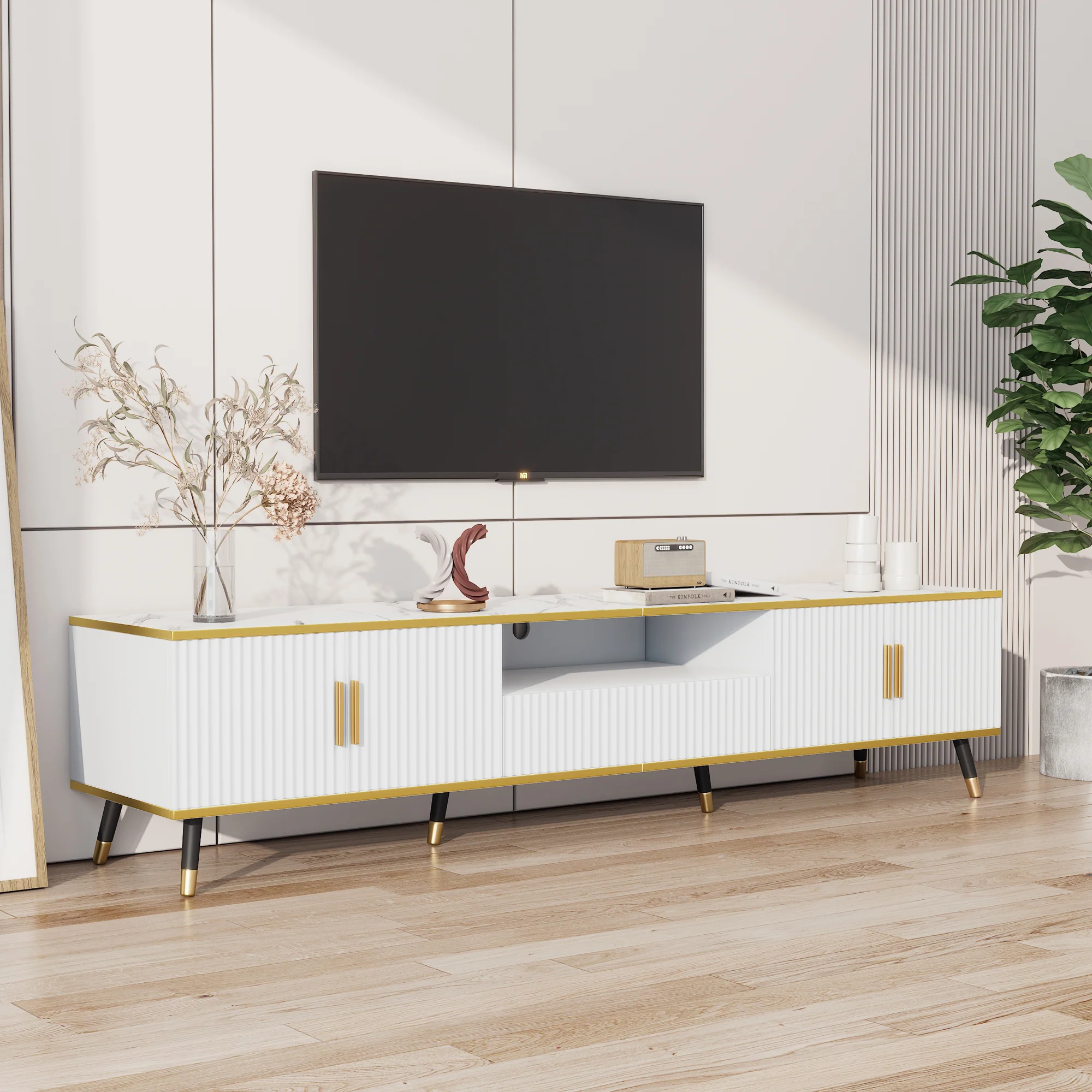TV Cabinet, Modern Low with Marble Look, 200x40x46cm - Image 4