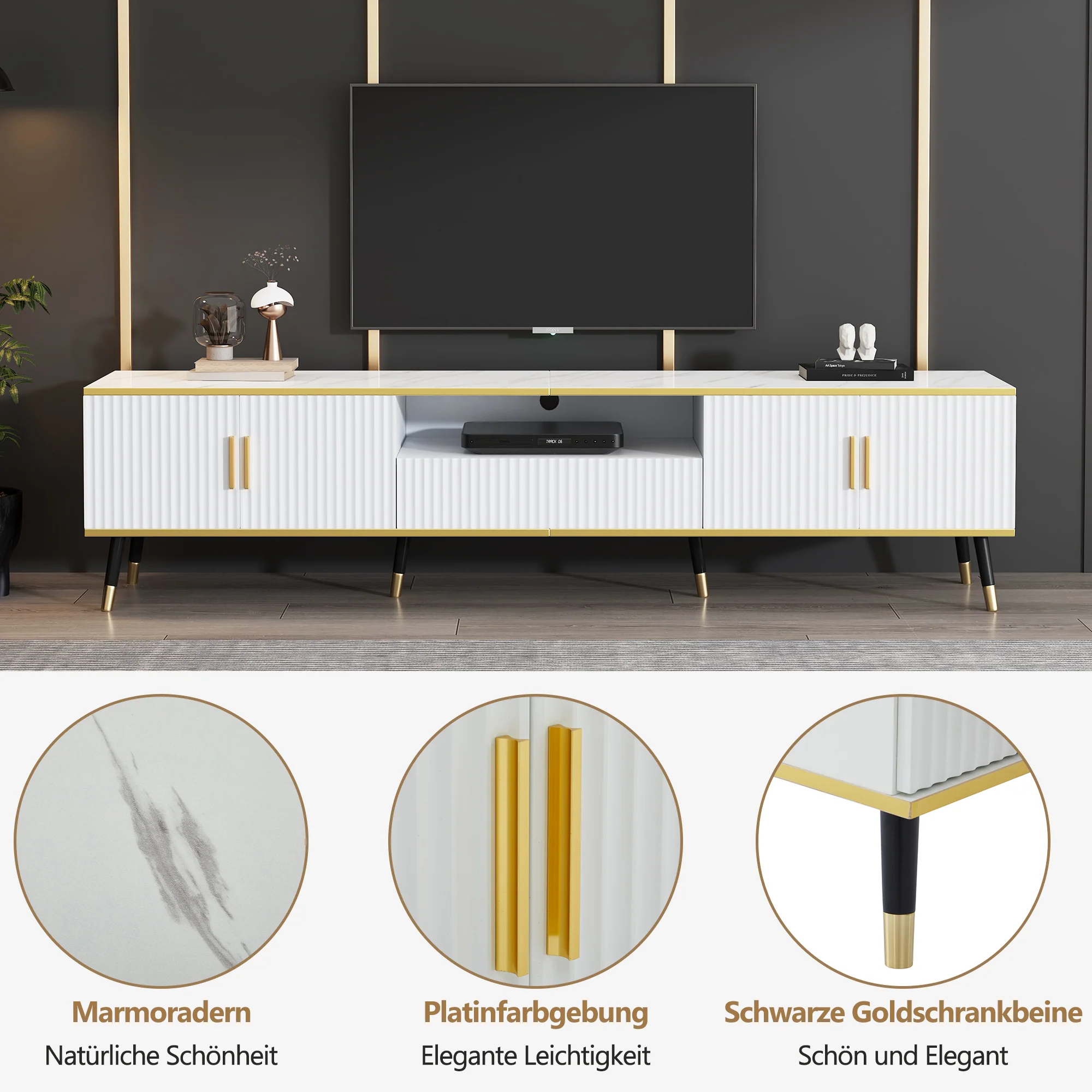 TV Cabinet, Modern Low with Marble Look, 200x40x46cm - Image 7