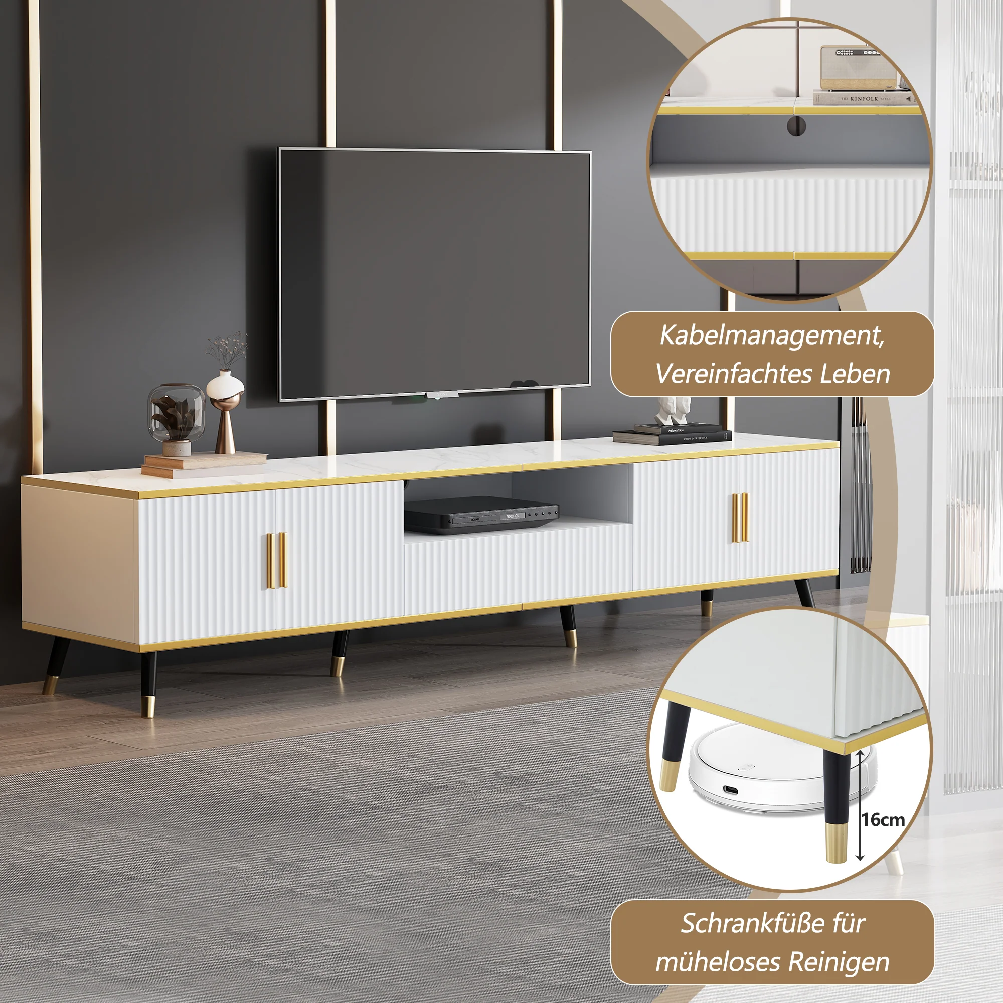 TV Cabinet, Modern Low with Marble Look, 200x40x46cm - Image 9