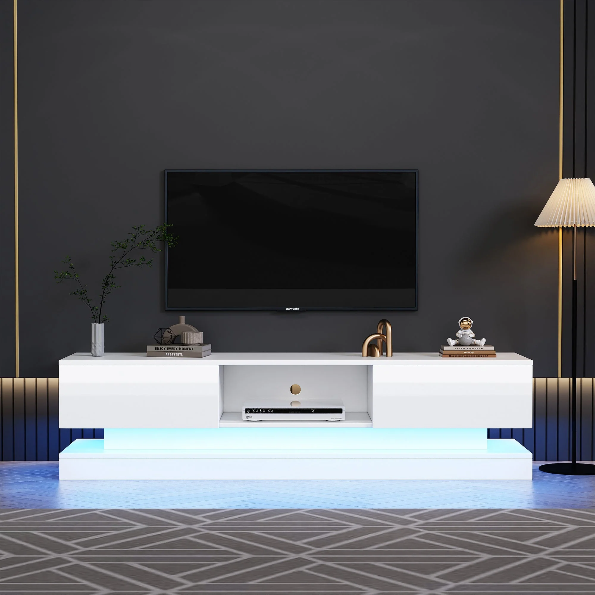 TV Stand 160 cm, with 16 Colour RGB LED Lights, High Gloss Front, 2 Drawers, 1 Open Storage Space, for 70-79 inch TVs, White - Image 3