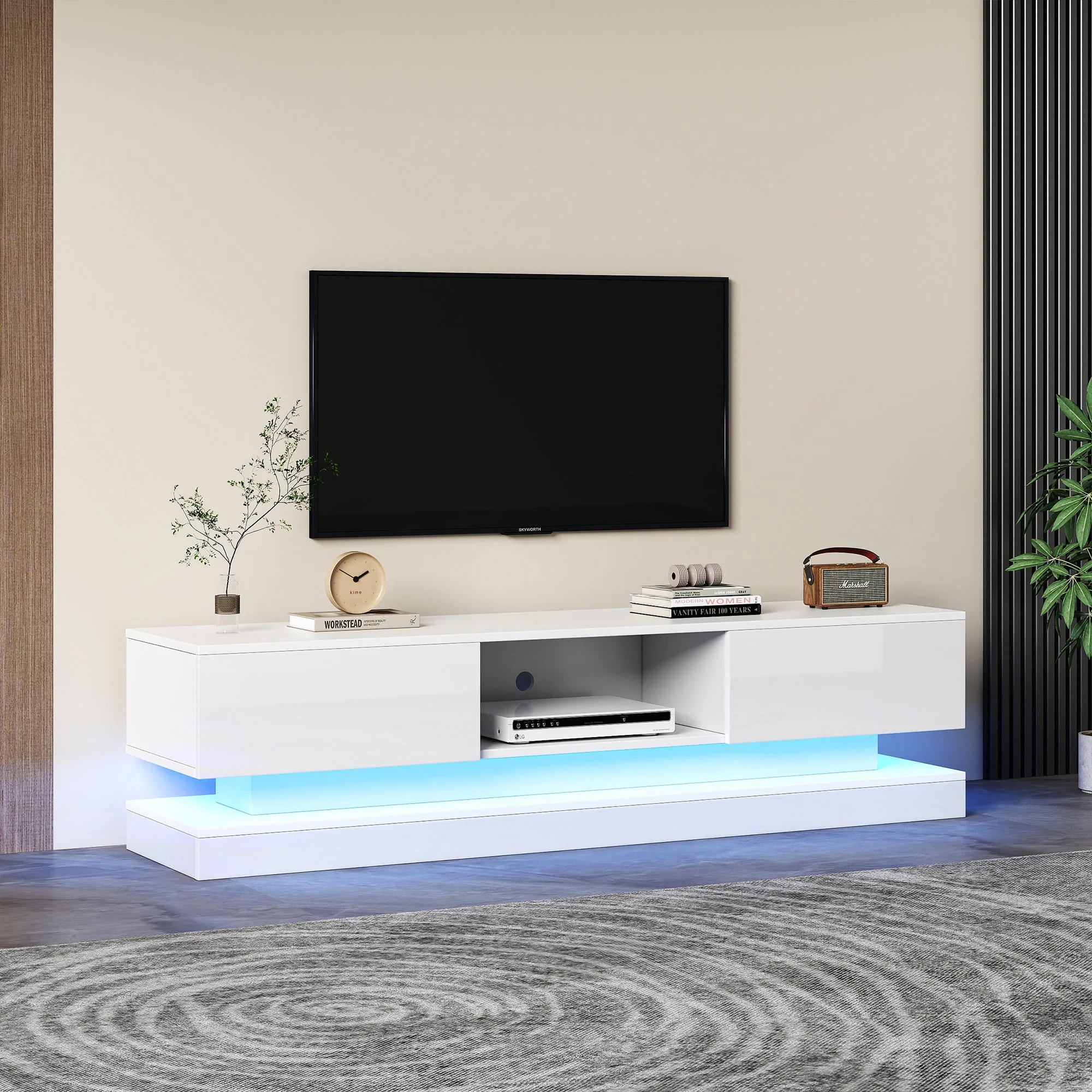 TV Stand 160 cm, with 16 Colour RGB LED Lights, High Gloss Front, 2 Drawers, 1 Open Storage Space, for 70-79 inch TVs, White - Image 5