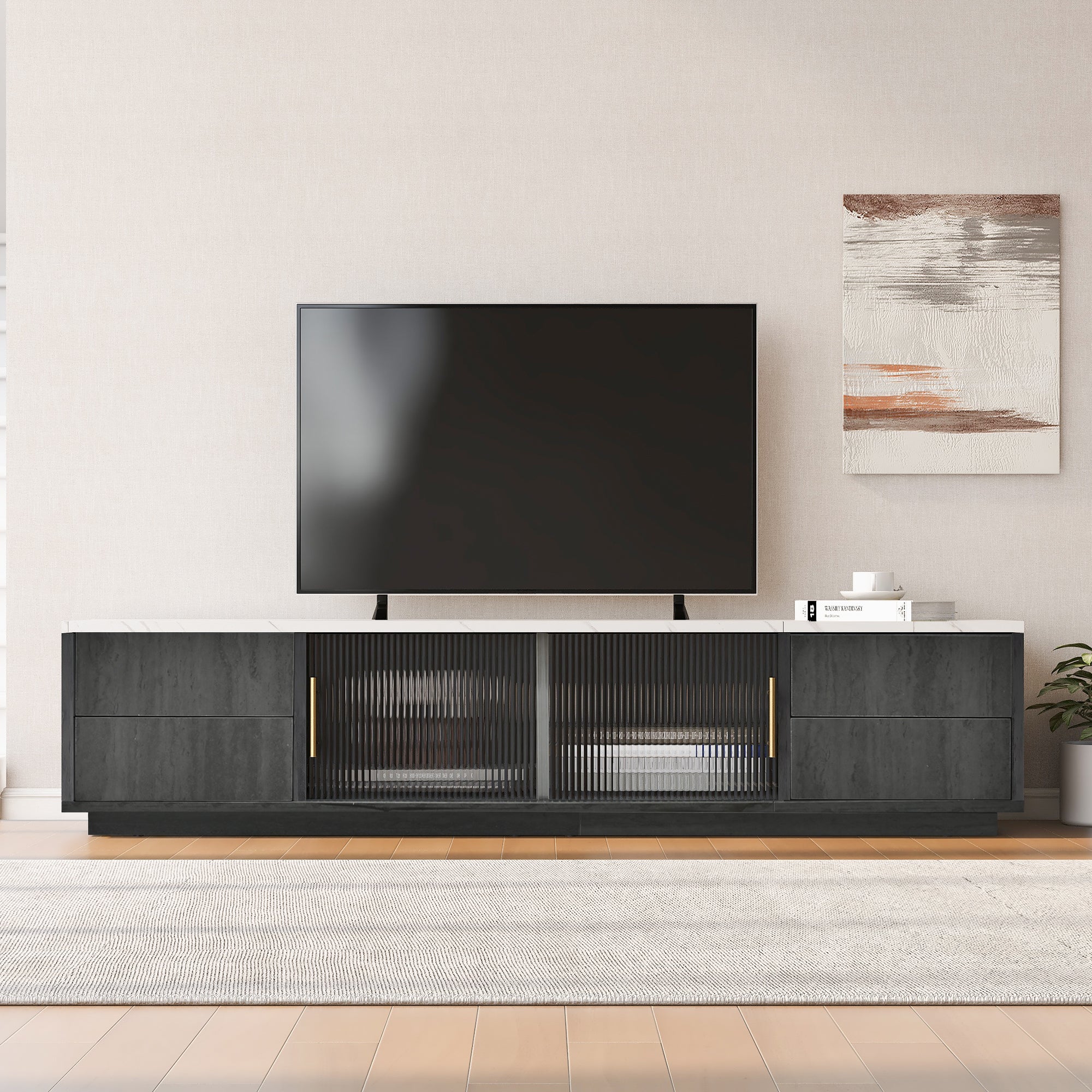 TV Stand 160cm Marbled Top Push-to-Open Drawers - Grey - Image 2