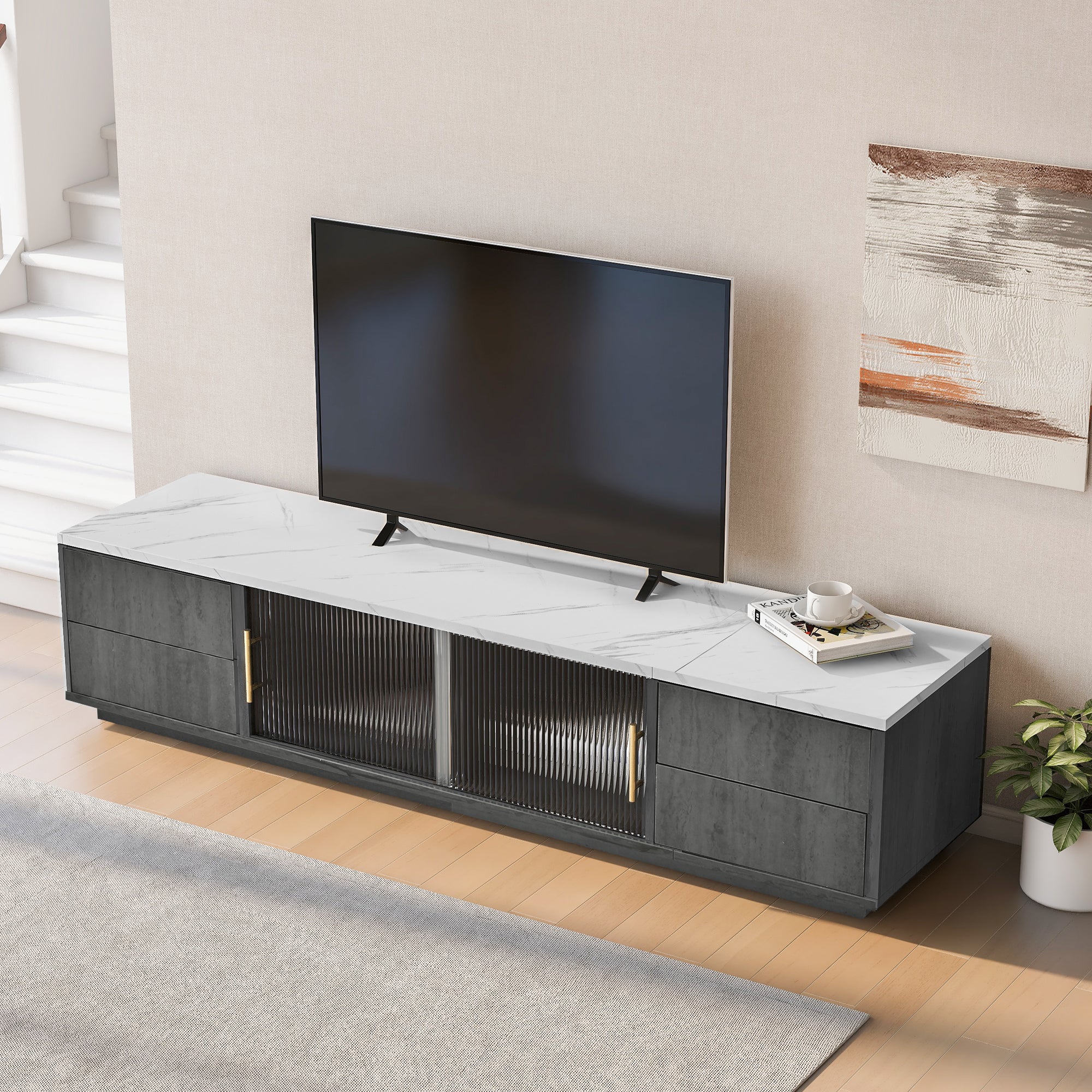 TV Stand 160cm Marbled Top Push-to-Open Drawers - Grey - Image 3
