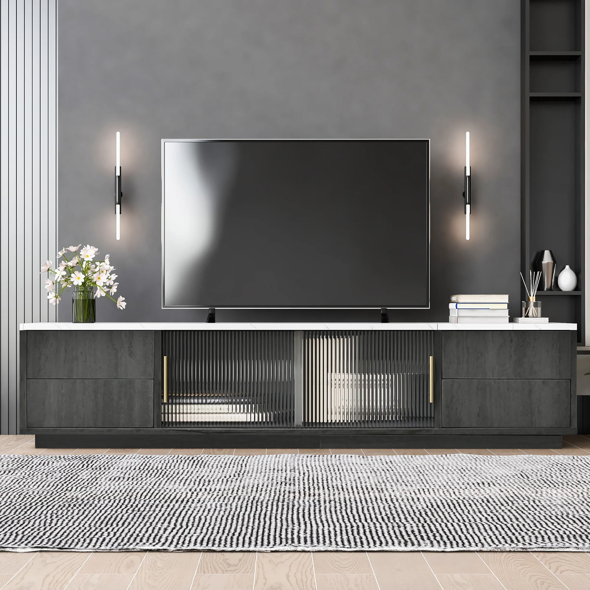 TV Stand 160cm Marbled Top Push-to-Open Drawers - Grey - Image 5